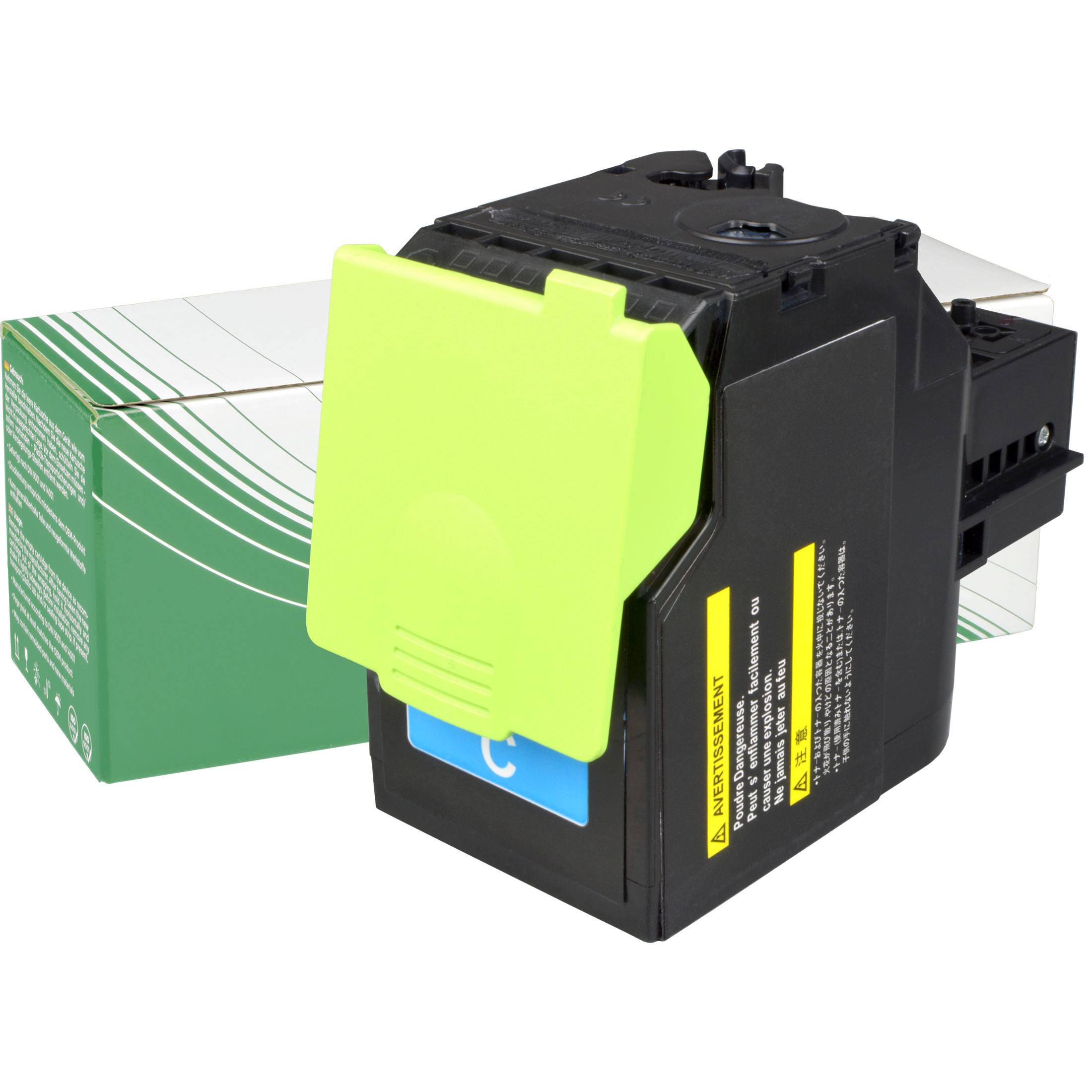 Eine NexOPRint Tonerpatrone für Xerox-Drucker, mit einem schwarzen Gehäuse und einer Schachtel mit grünen und weißen Designelementen.