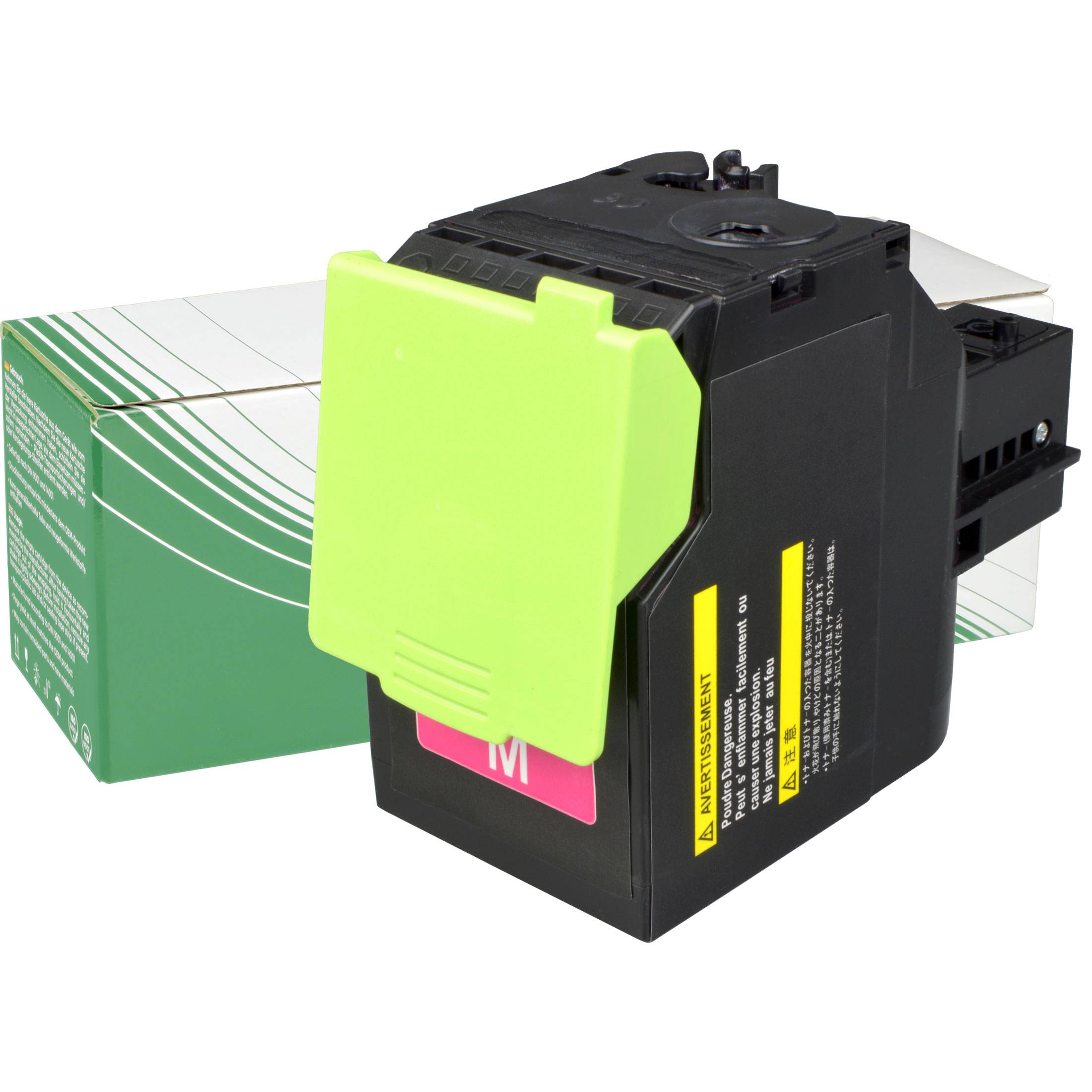 Magenta-Tonerkartusche mit grünem Deckel, neben ihrer Verpackung gezeigt, teilweise sichtbar mit grünen und weißen Designelementen.