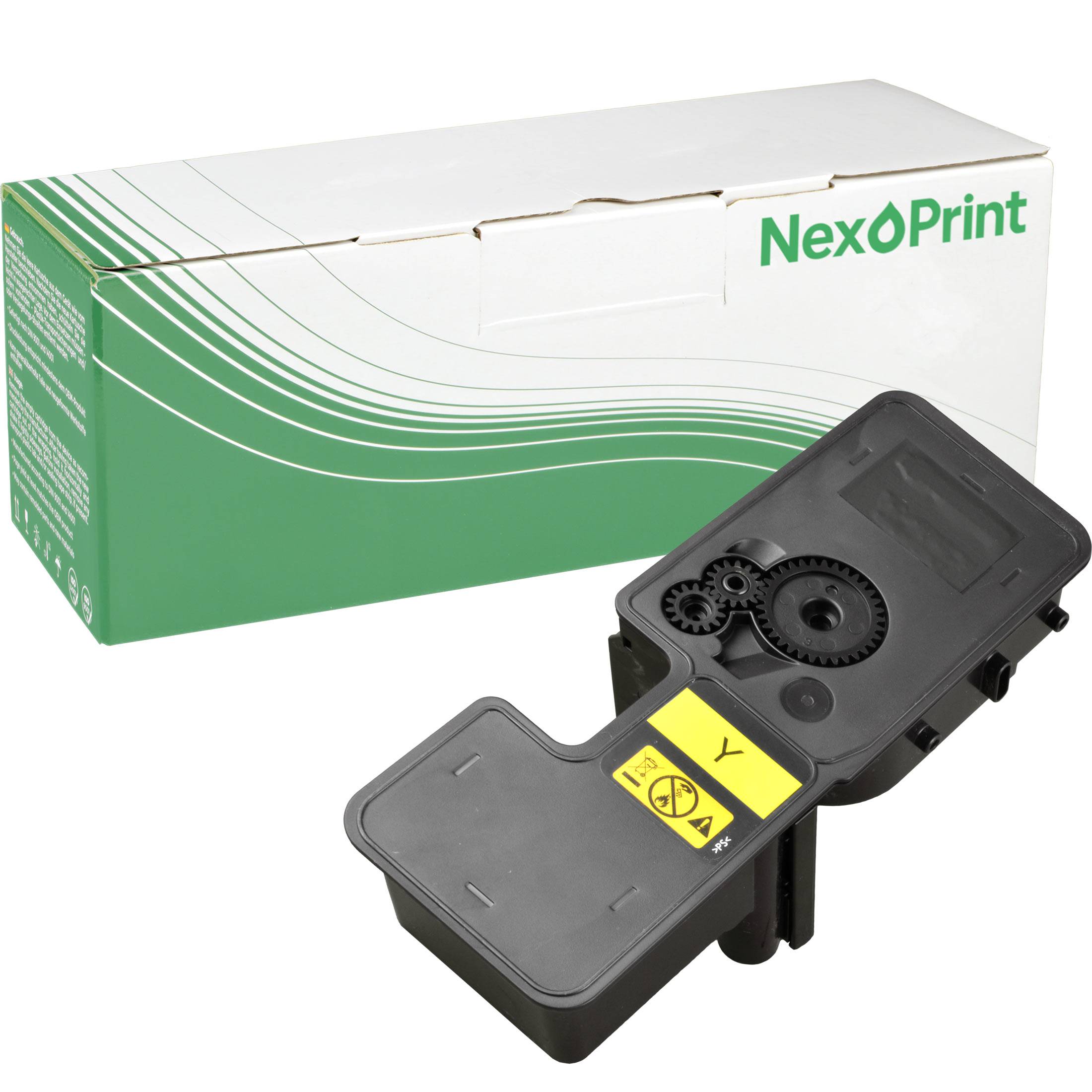 Eine grün-weiße NexPrint-Druckertoner-Box neben einer gelb beschrifteten Tonerpatrone mit sichtbaren Zahnrädern.