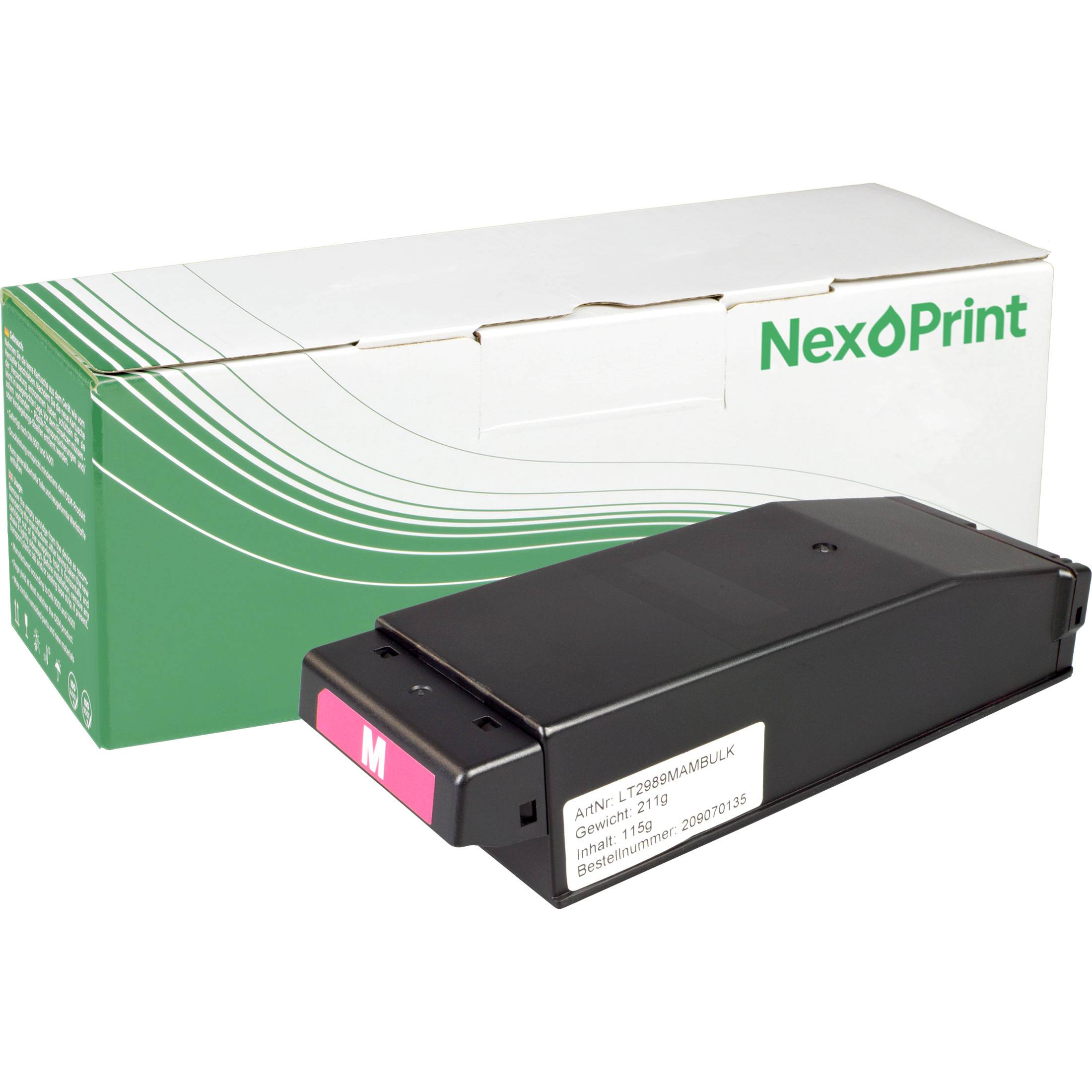Tonerpatrone vor einer grün-weißen Box mit der Bezeichnung NexPrint. Die Patrone hat ein gelbes Etikett und sichtbare Zahnräder.