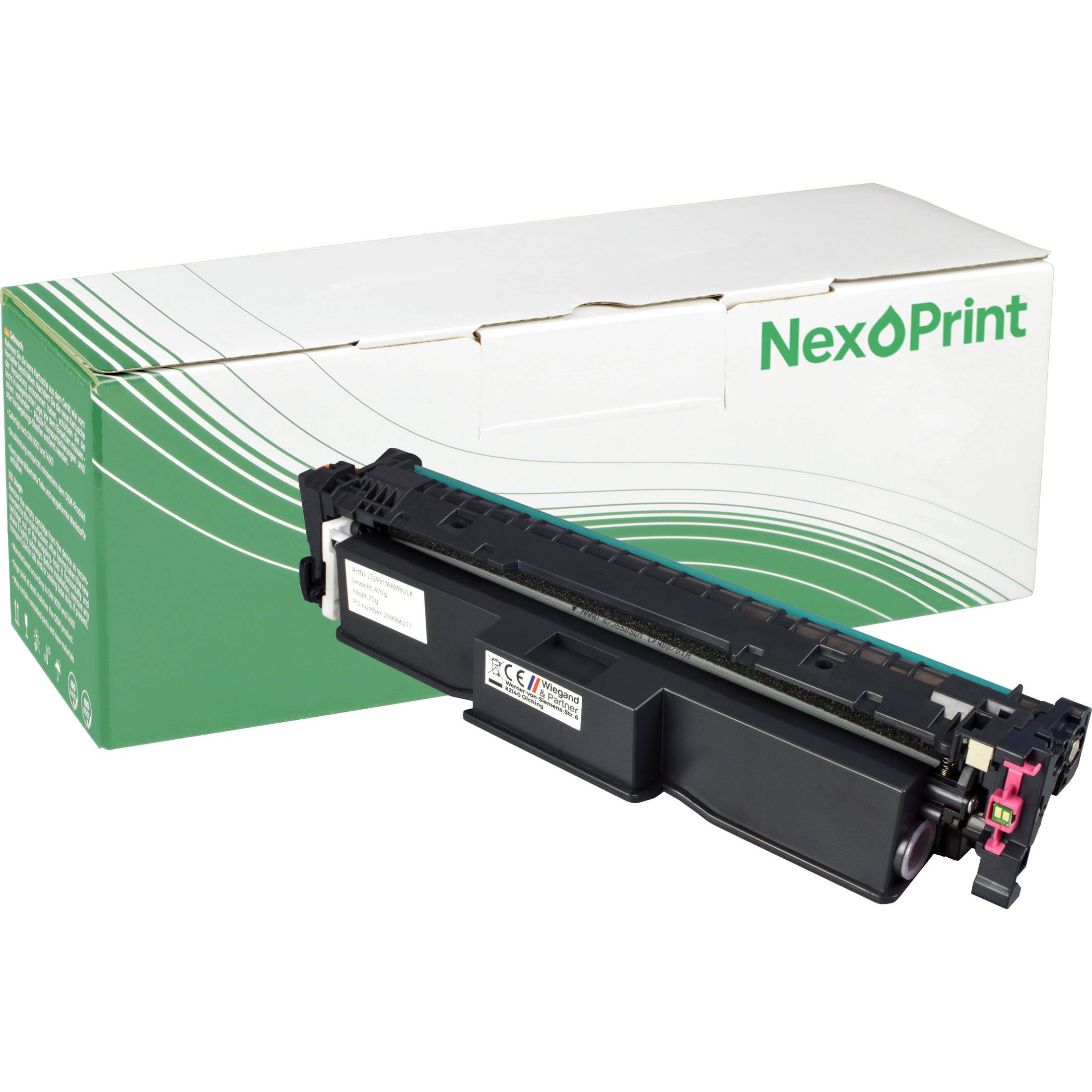 Eine NexOPrint-Druckertonerkassette vor ihrer Verpackungsbox, die ihr Markenzeichen und Konformitätskennzeichnungen zeigt.