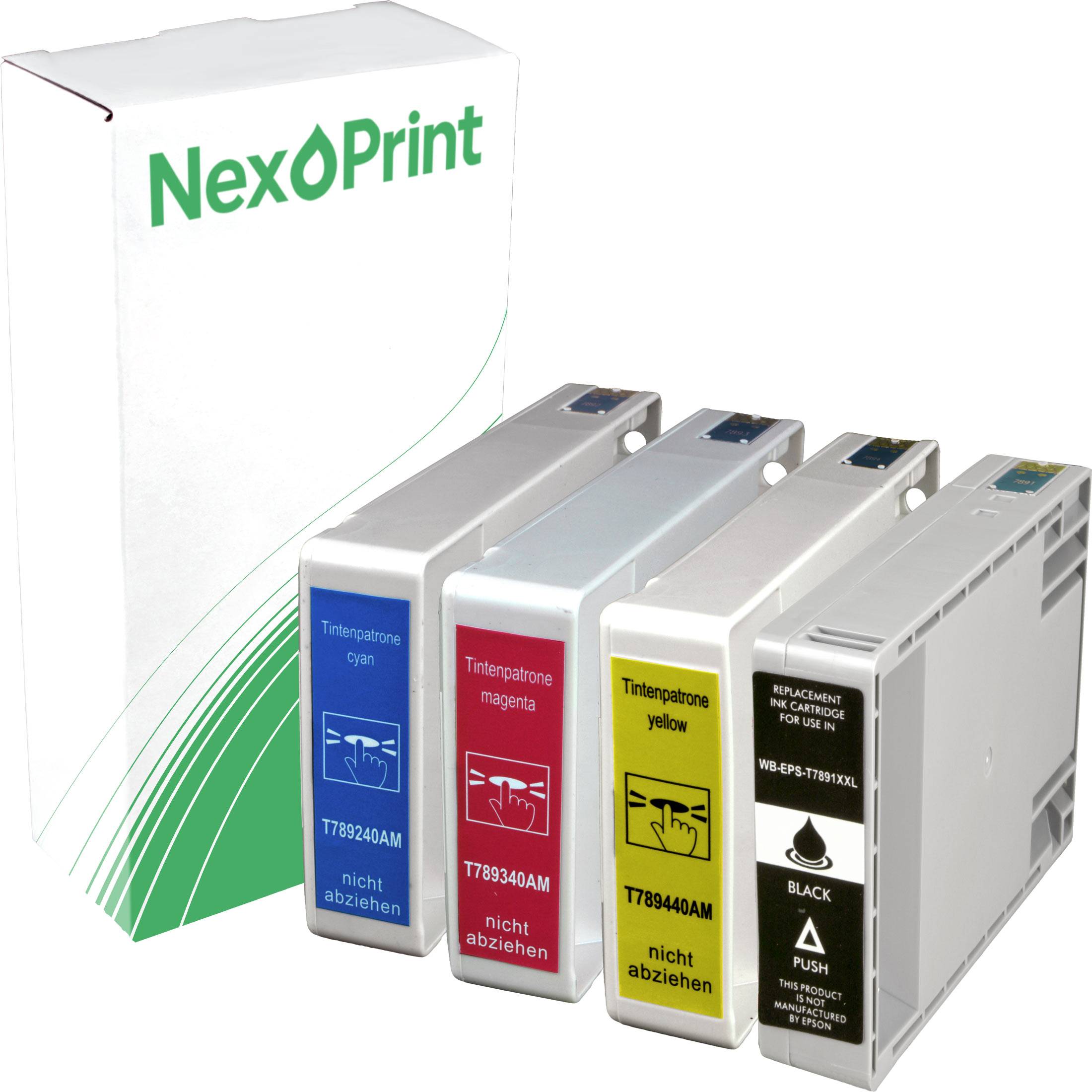 Schachtel mit dem 'NexoPrint' Logo neben vier unterschiedlich gefärbten Tintenpatronen, die mit Cyan, Magenta, Gelb und Schwarz als Tintenaustausch gekennzeichnet sind.