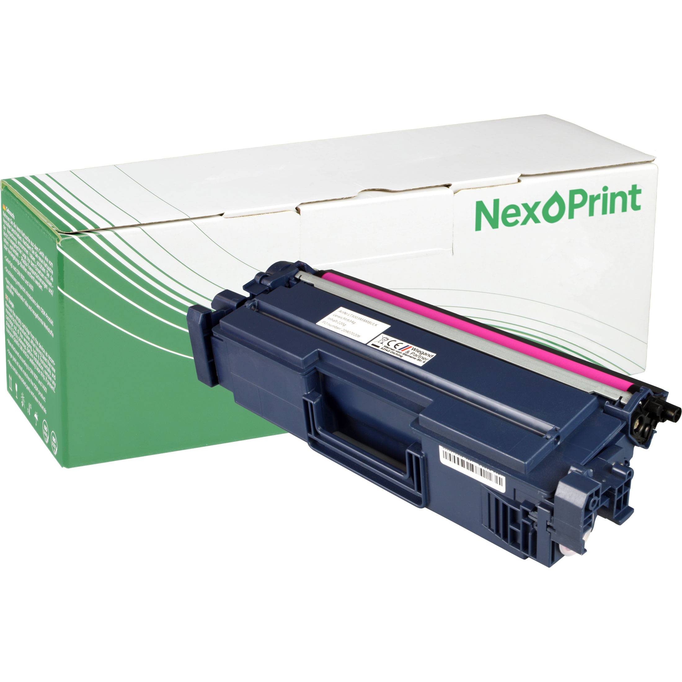 NexPrint-Marke Magenta-Druckertonerkartonen vor einer grün-weißen Schachtel.