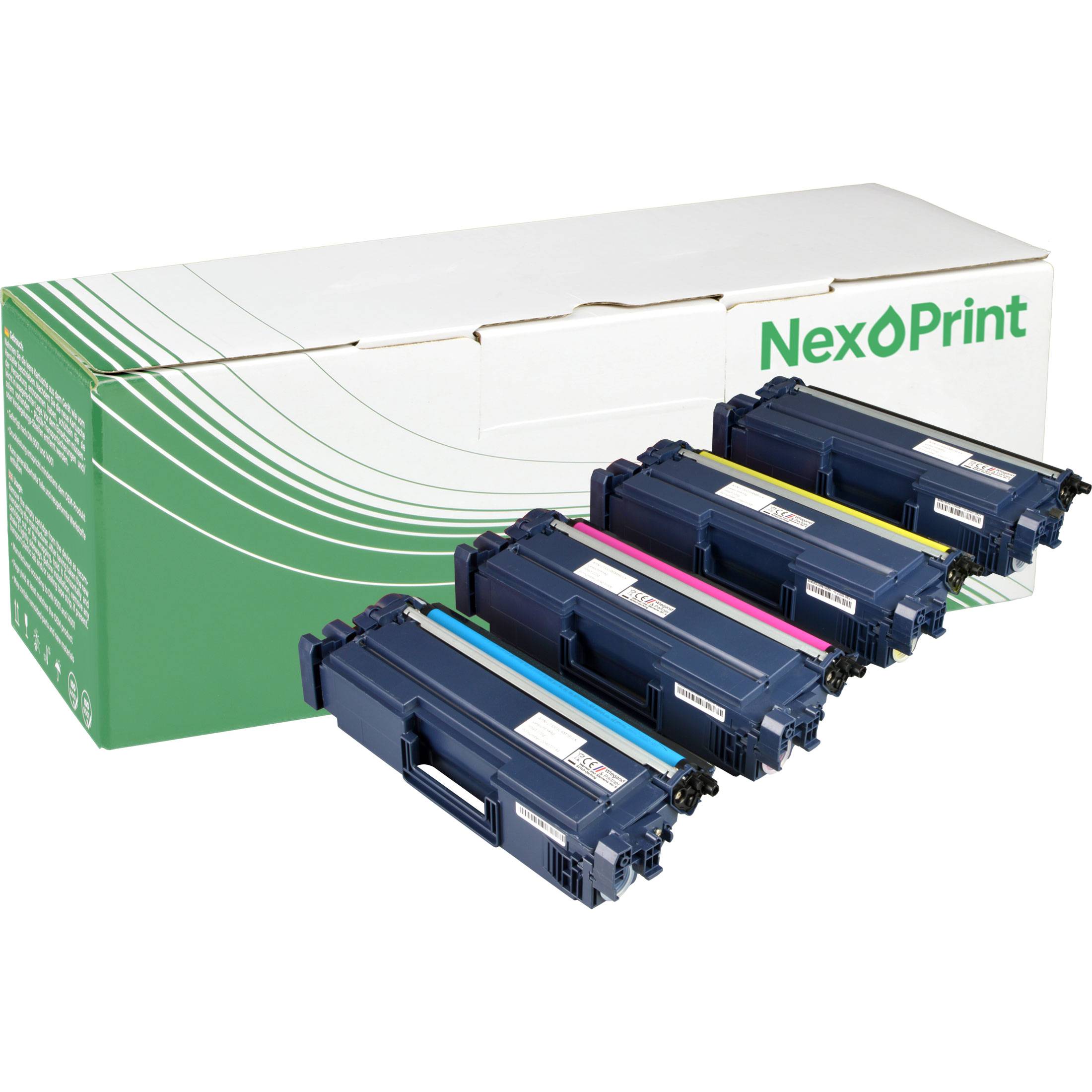 NexOPrint Tonerpatrone mit Verpackung, zeigt Produktbranding und Design.