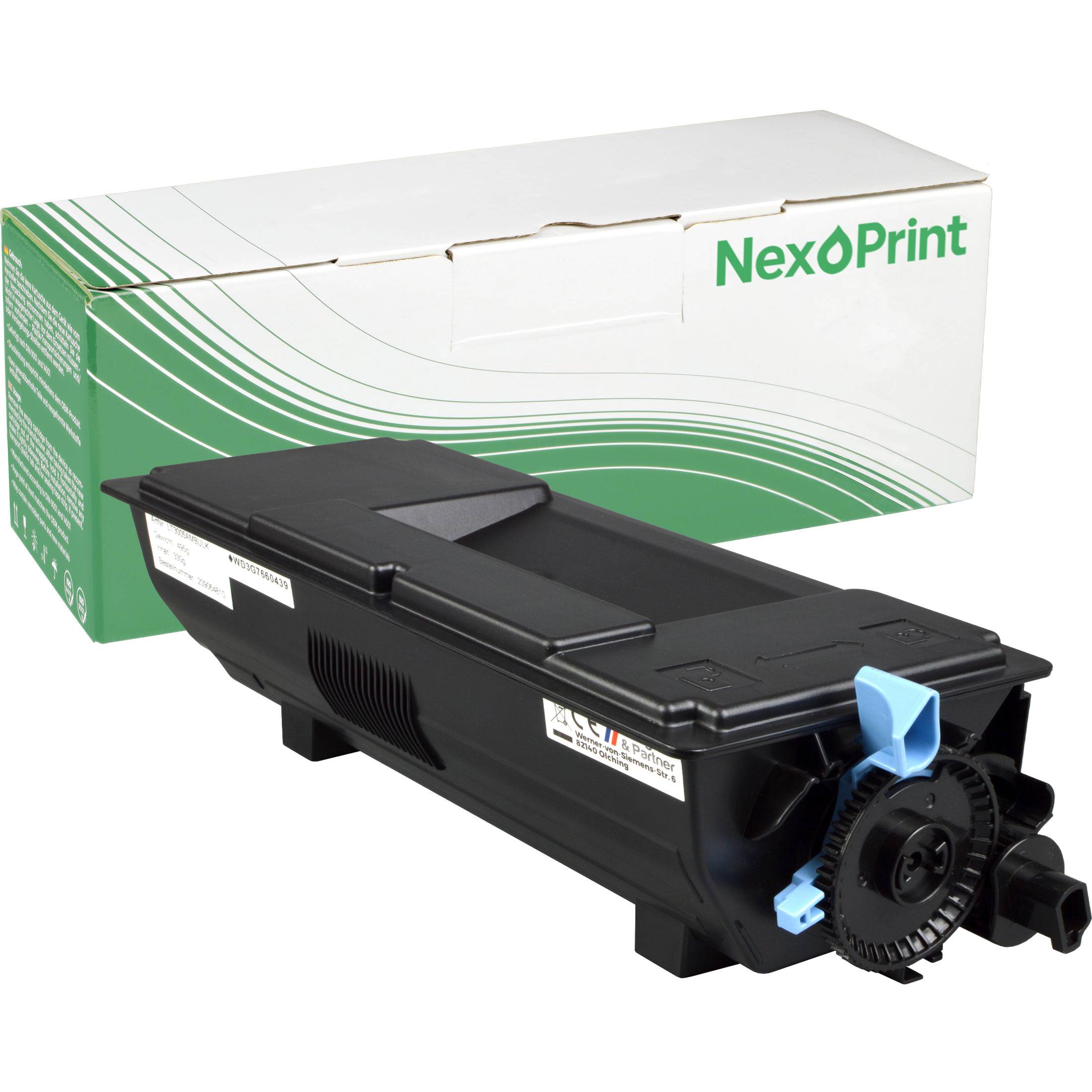 NexPrint' Verpackung mit einer schwarzen Tonerkartusche mit blauem Griff, die prominently in den Vordergrund platziert ist.