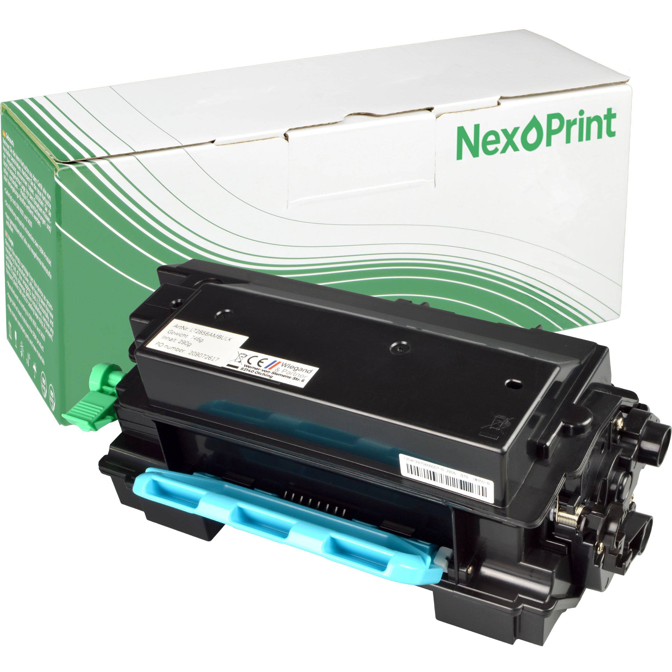 Eine schwarze Druckertonerkartusche wird neben ihrer Originalverpackung mit dem Etikett „NexPrint