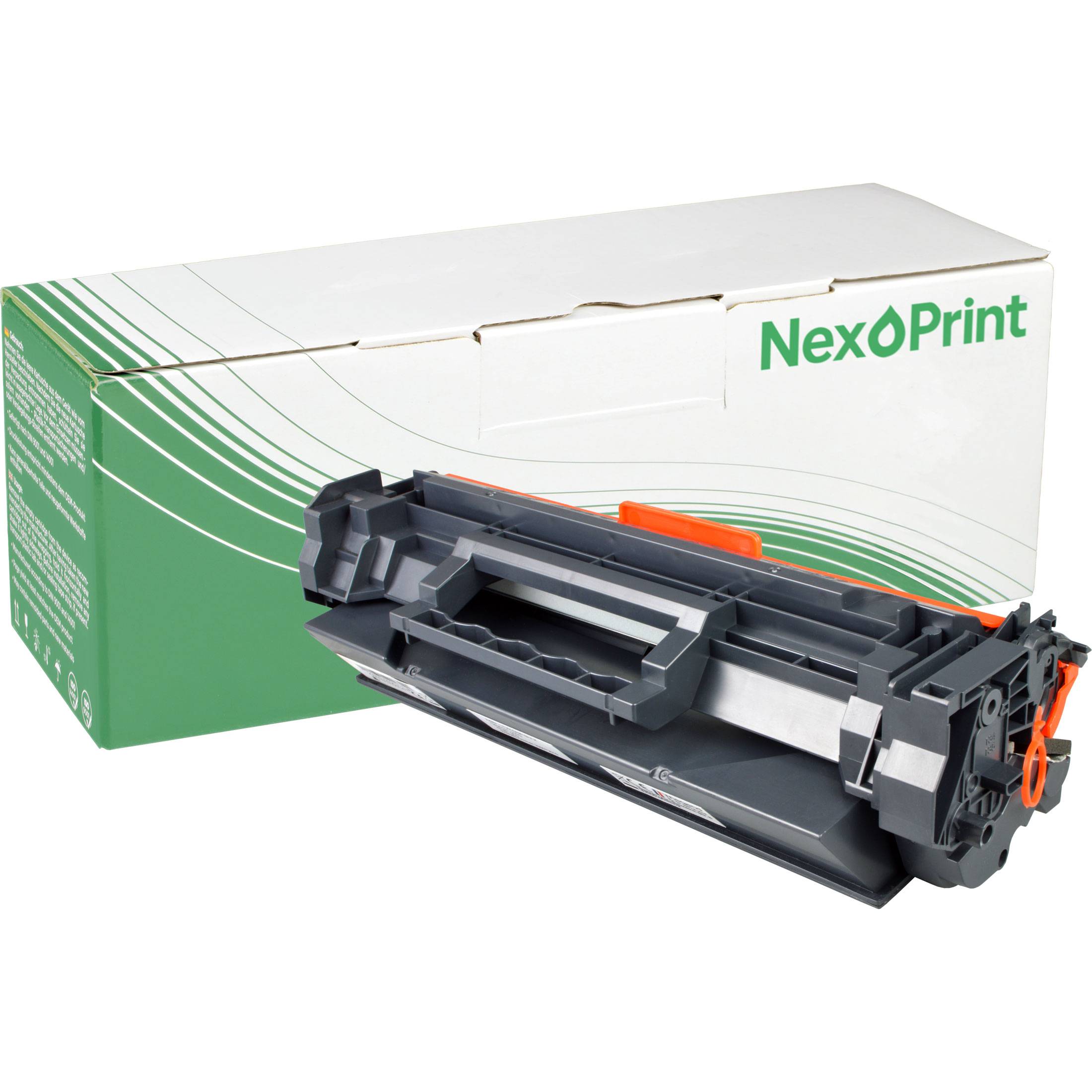 Druckertonerpatrone neben einer NexOPrint-Markenbox, grün-weiße Verpackung mit geschwungenem Liniendesign.