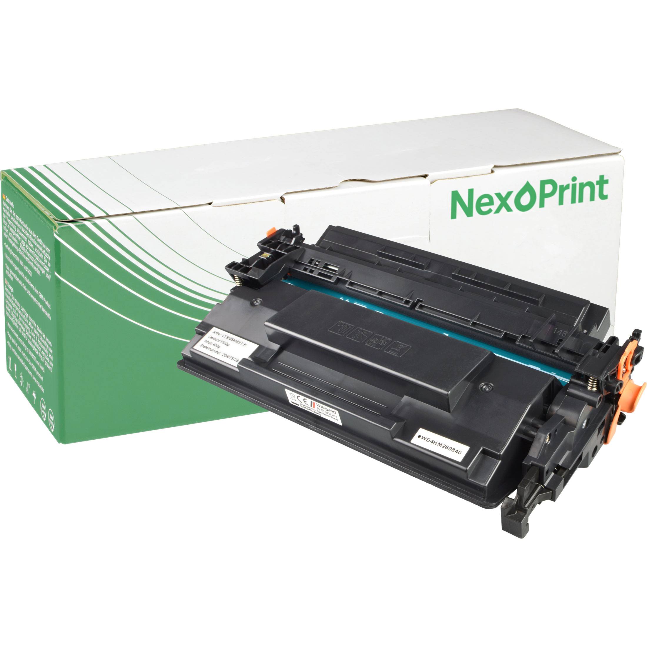 NexoPrint' Tonerkassette mit Verpackung, das Markenlogo und Produkt zeigend. Schwarze Kassette mit sichtbaren Etiketten, vor der Produktkartonage positioniert.