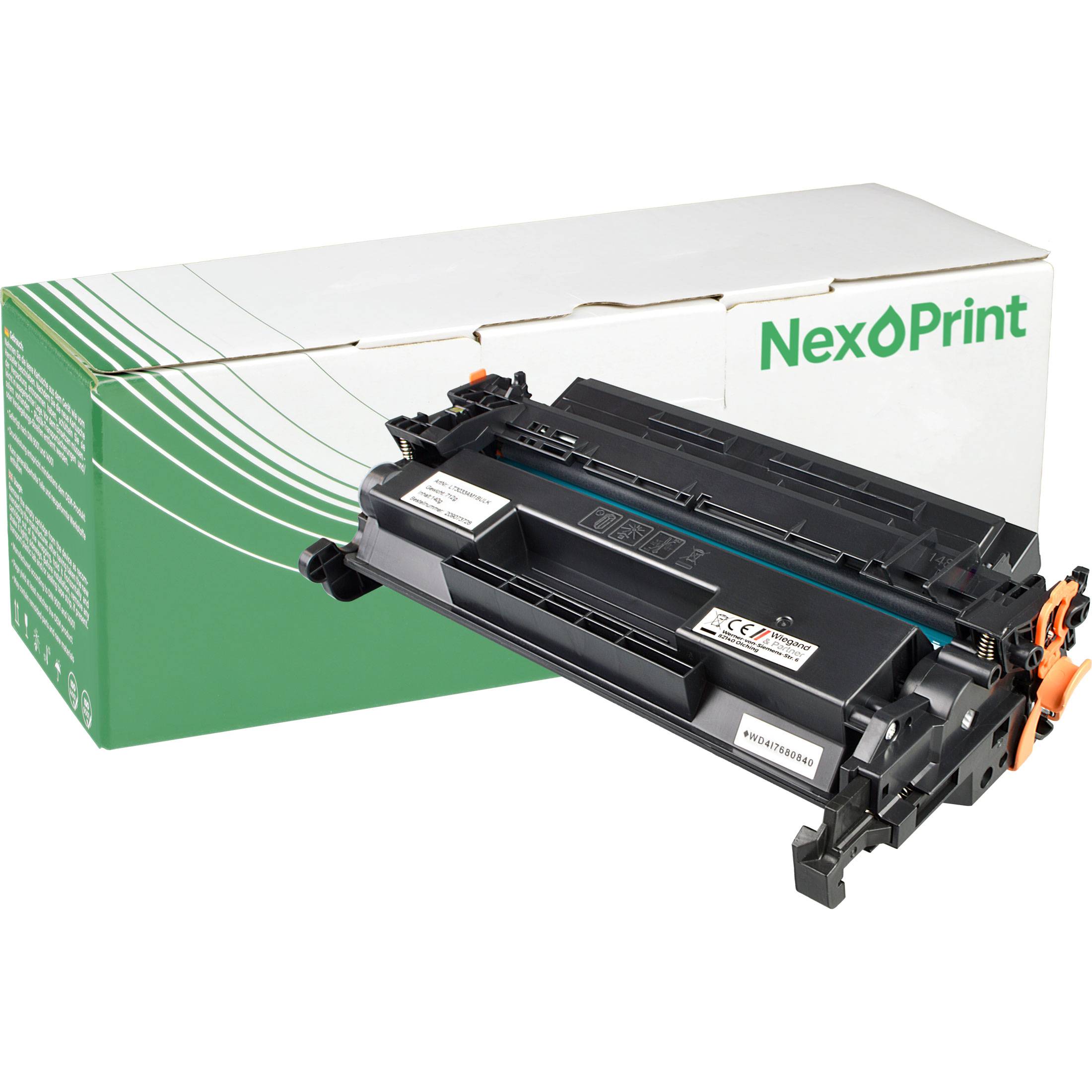 Eine Nexoprint-Tonerkartusche neben ihrer Verpackungsbox mit grün-weißem Design.