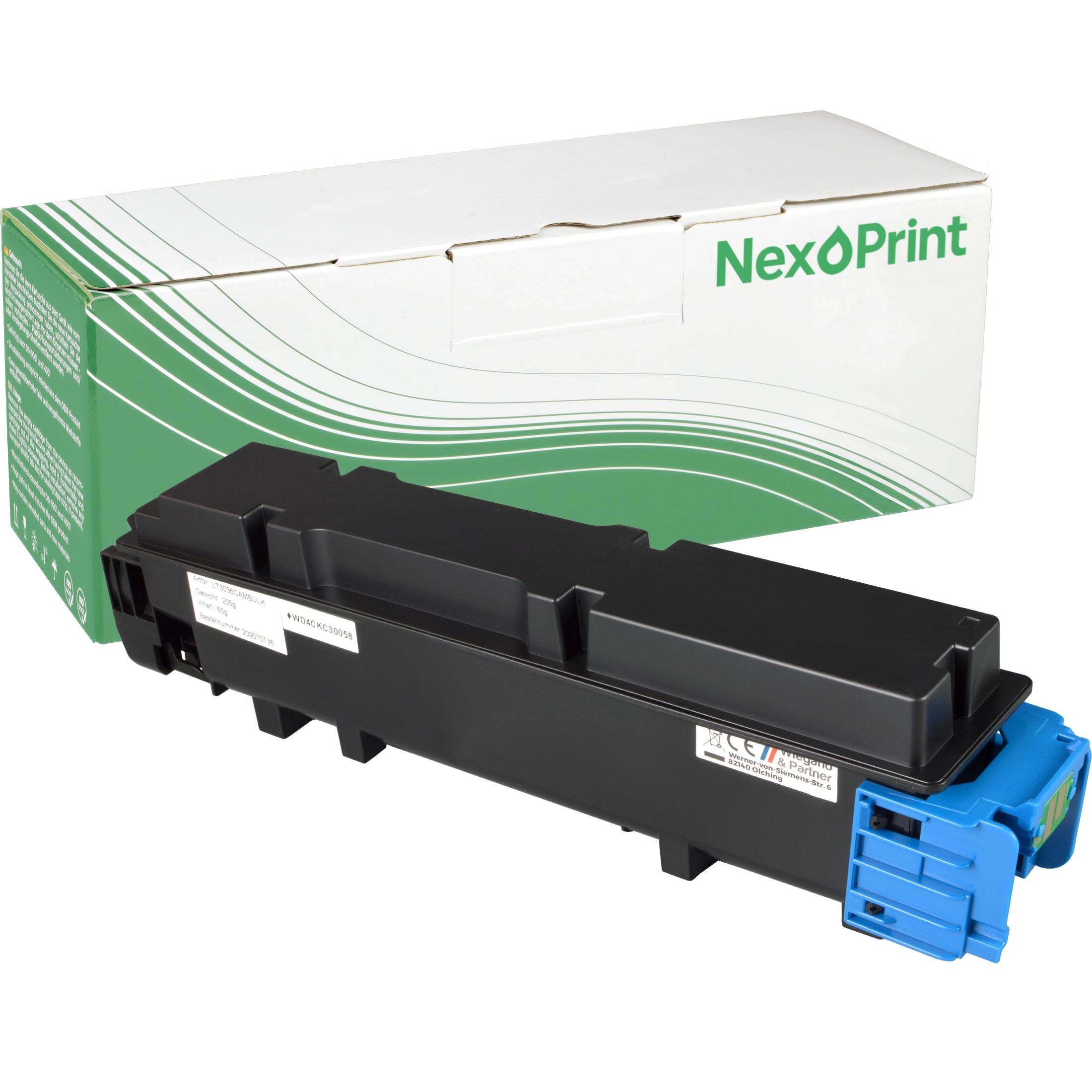 Schwarze Druckertonerkassette, die vor einer NexoPrint-Markenbox mit grün-weißen Designelementen positioniert ist.