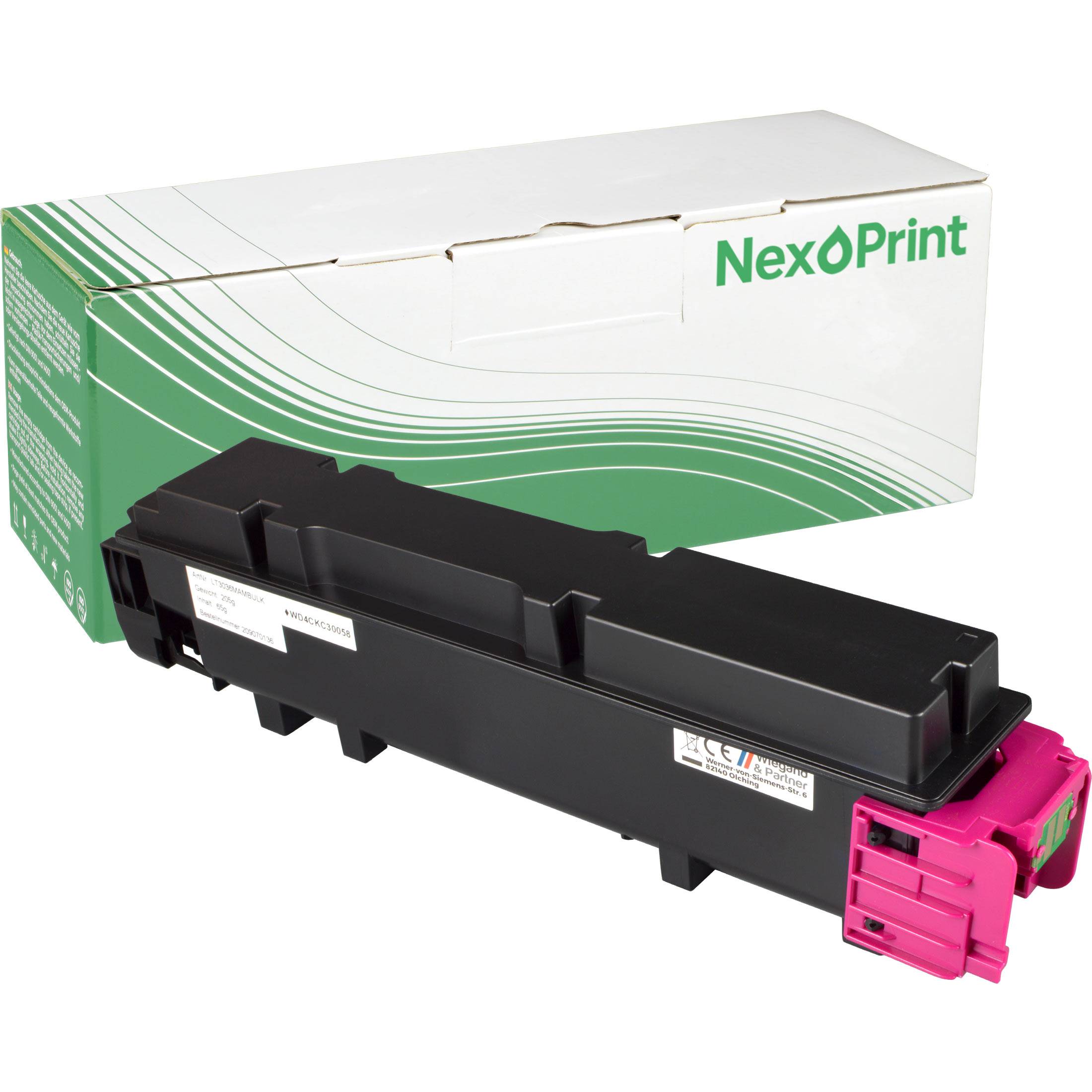 Schwarze 'NexPrint' Tonerkartusche mit magentafarbenem Etikett, die vor einer grün-weißen Verpackung mit dem Markennamen positioniert ist.