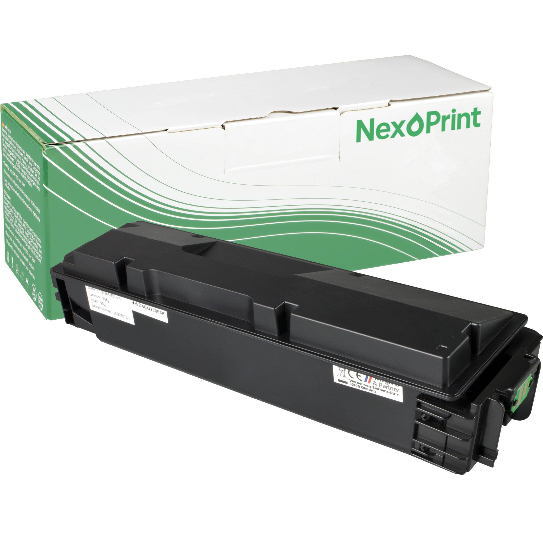 Schwarze Tonerkartusche mit grünen Akzenten vor einer Schachtel mit der Aufschrift 