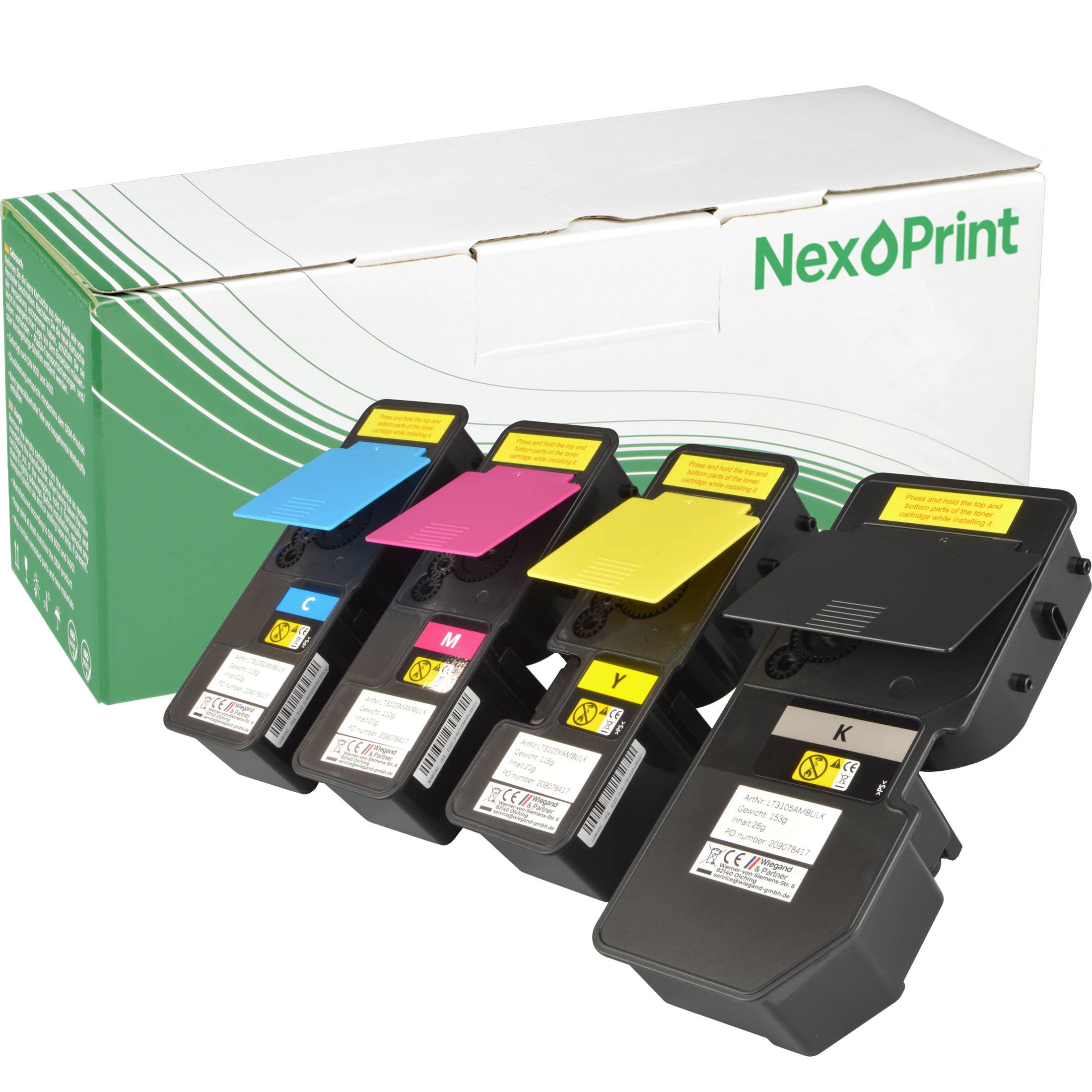 Fünf NexPrint-Druckerpatronen in den Farben Schwarz, Cyan, Magenta, Gelb und Schwarz sind vor einer weißen und grünen NexPrint-Box angeordnet.