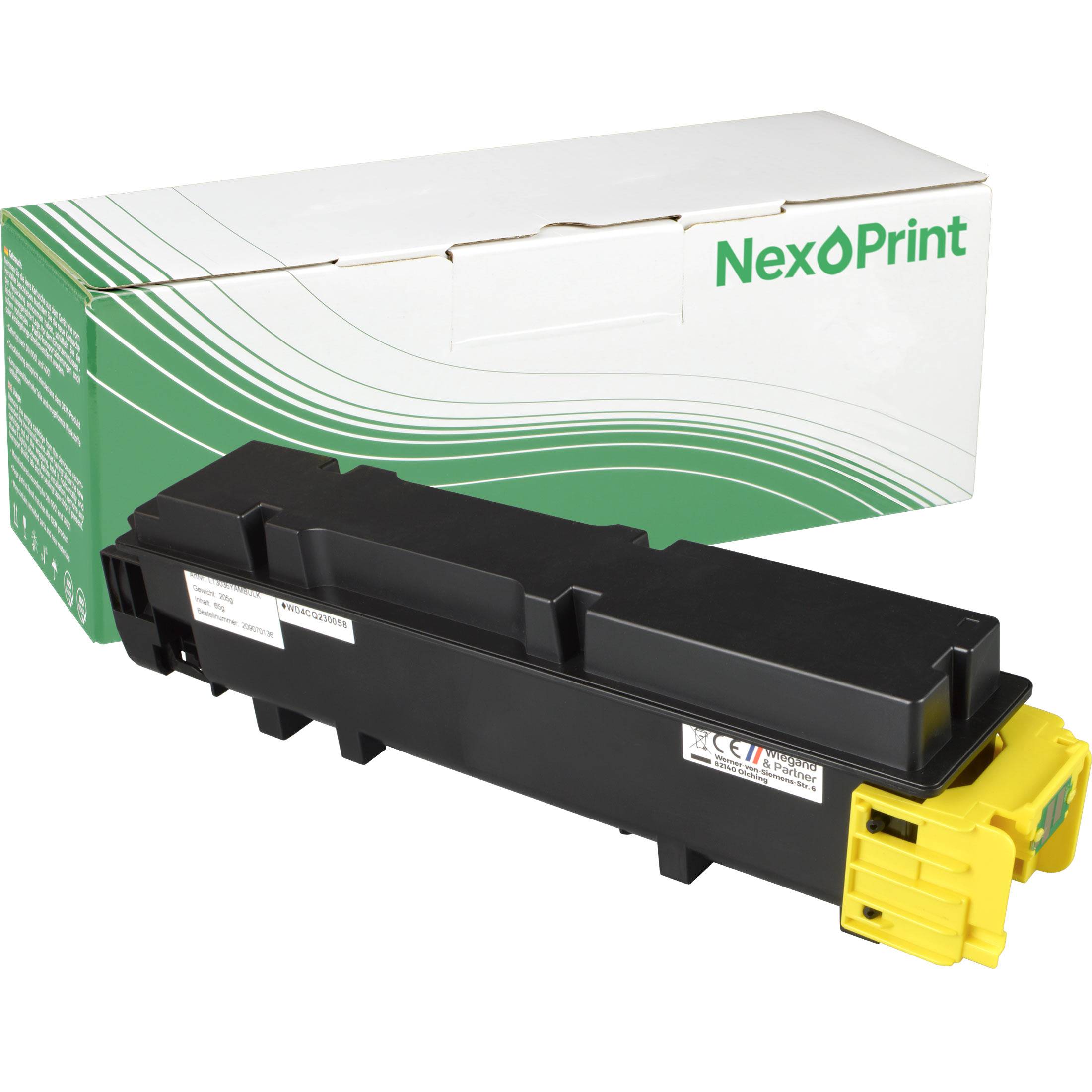 Ein 'NexPrint' Tintenpatrone in schwarzer und gelber Gehäuse mit grünem und weißem Verpackungshintergrund.