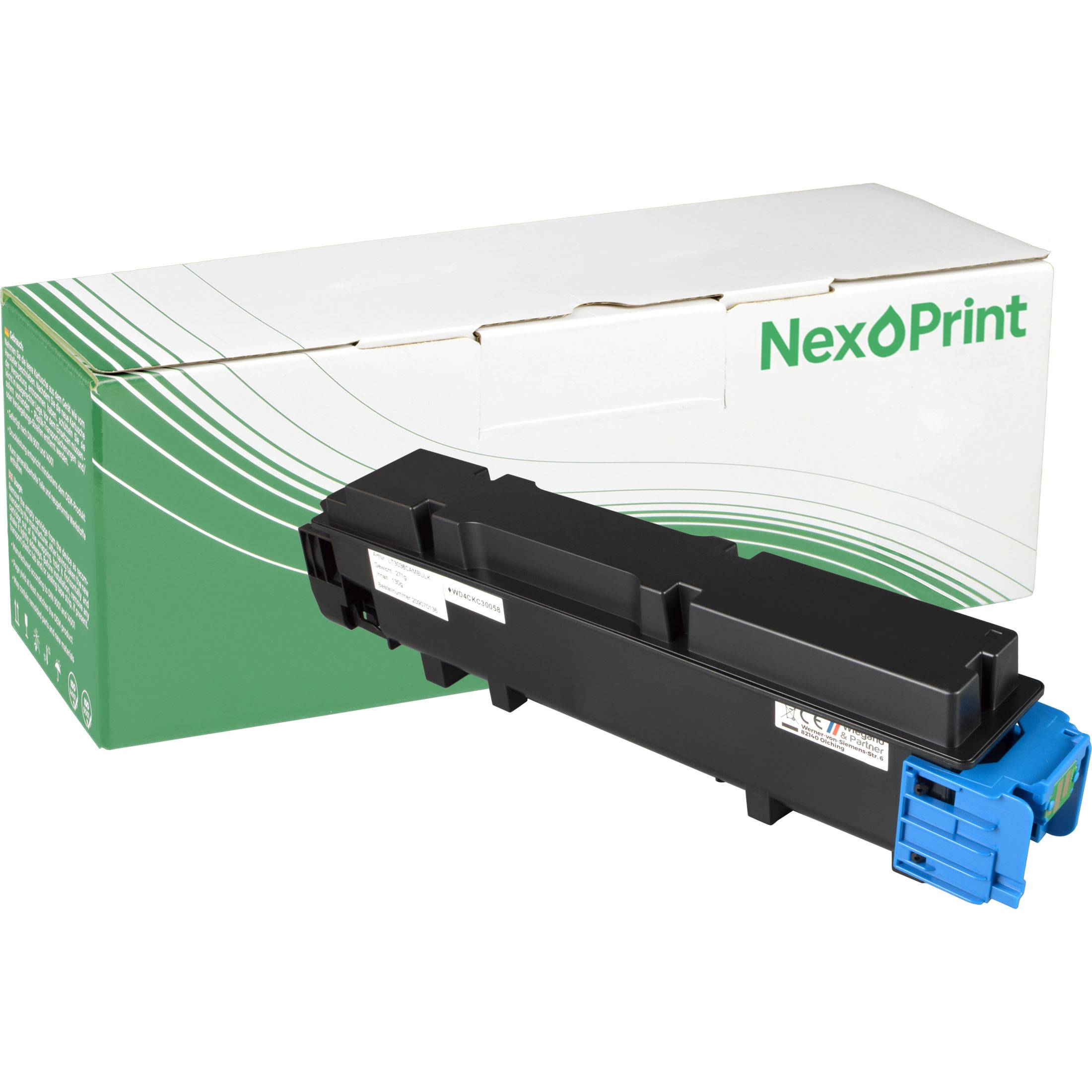 NexPrint-Schwarztonerkassette wird vor ihrer grün-weißen Verpackungsbox platziert, was darauf hinweist, dass sie für die Verwendung in kompatiblen Druckern bereit ist.