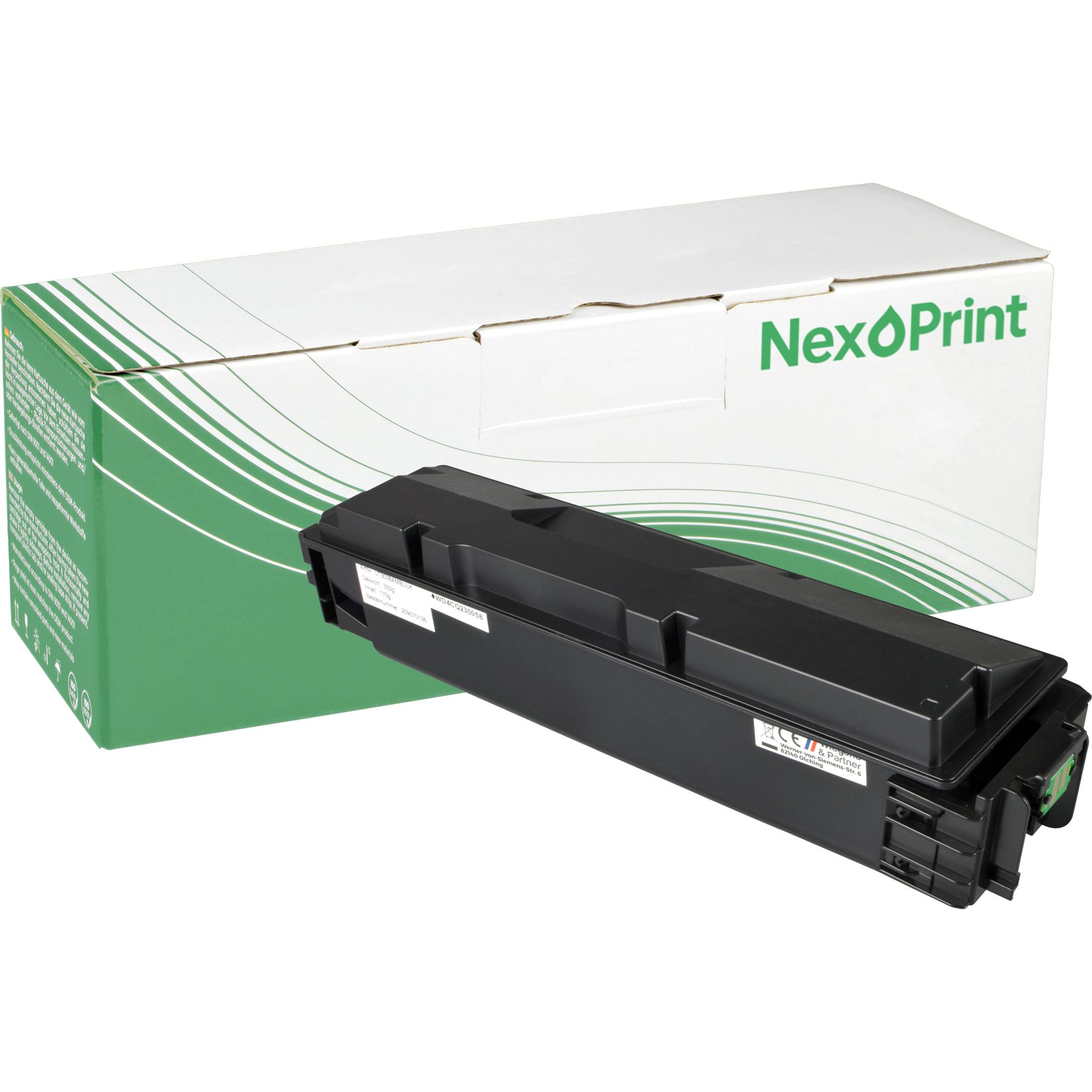 Tonerkartusche vor einer Verpackung der Marke 'NexoPrint', die Druckausrüstung hervorhebt.