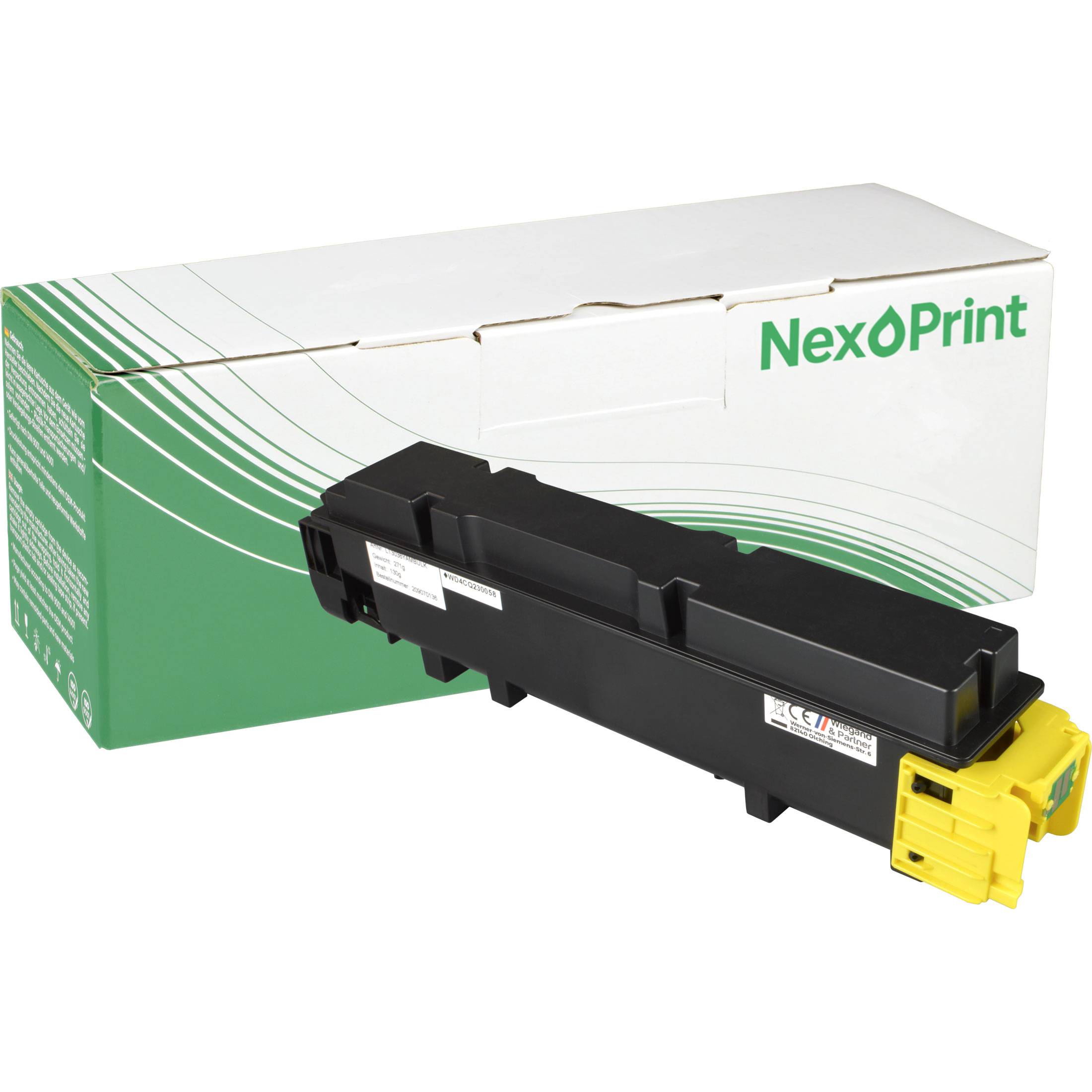 Schwarze Tonerkartusche vor einem NexPrint-Karton, wahrscheinlich für die Verwendung in einem Laserdrucker.