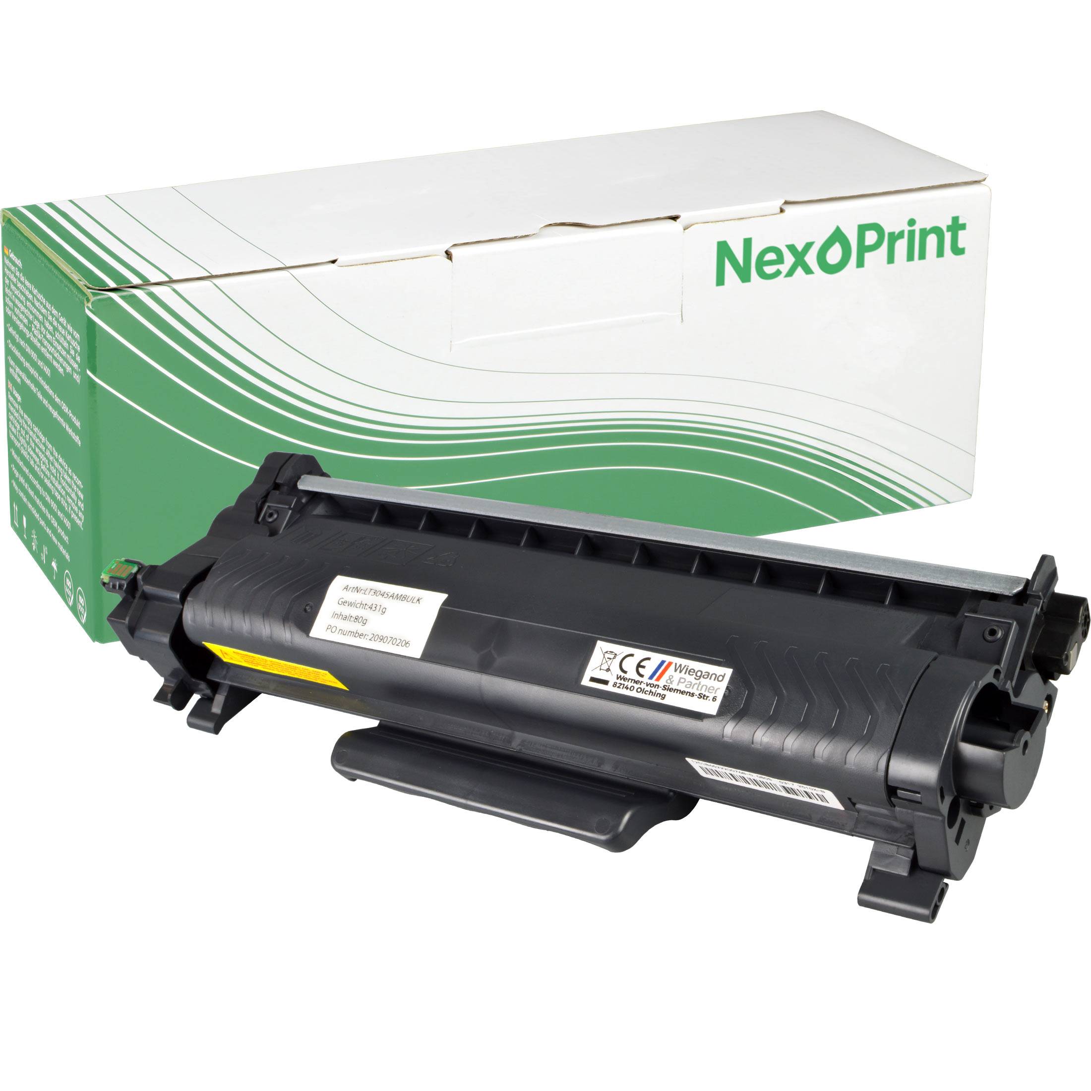 Nex o Print' Marken-Tonerkassette mit grün-weißer Verpackung, die Kassettendetails zeigt und Etiketten aufweist, die ihre CE-Zertifizierung kennzeichnen.