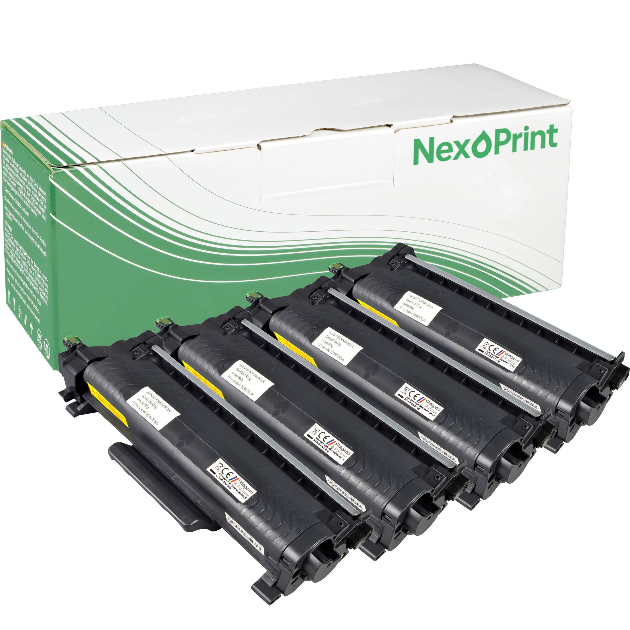 Vier schwarze Druckertoner-Kartuschen sind vor einer grün-weißen Schachtel mit der Aufschrift 