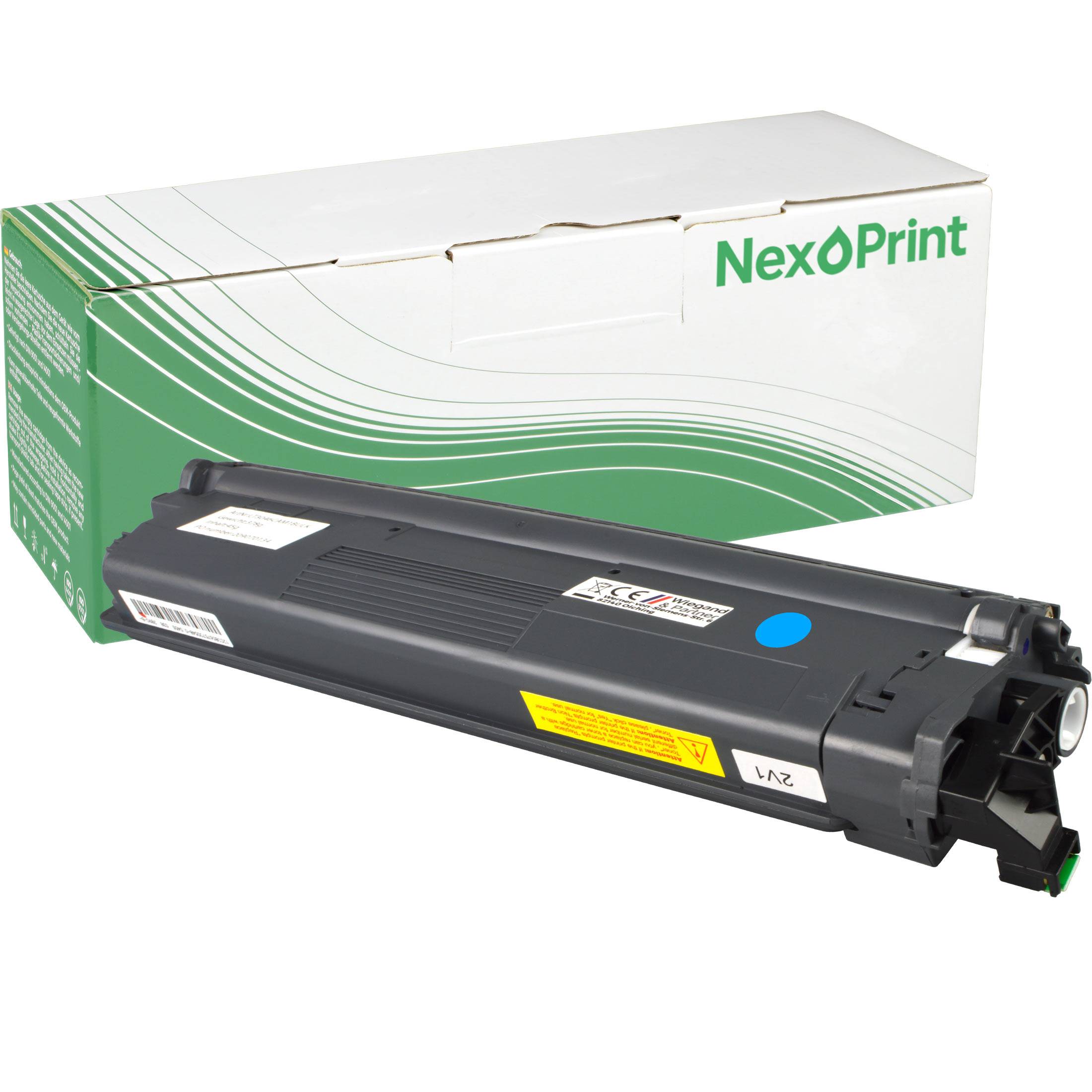 Ein schwarzer NexPrint Tonerkartusche mit grüner und weißer Verpackung wird vor einem weißen Hintergrund präsentiert.