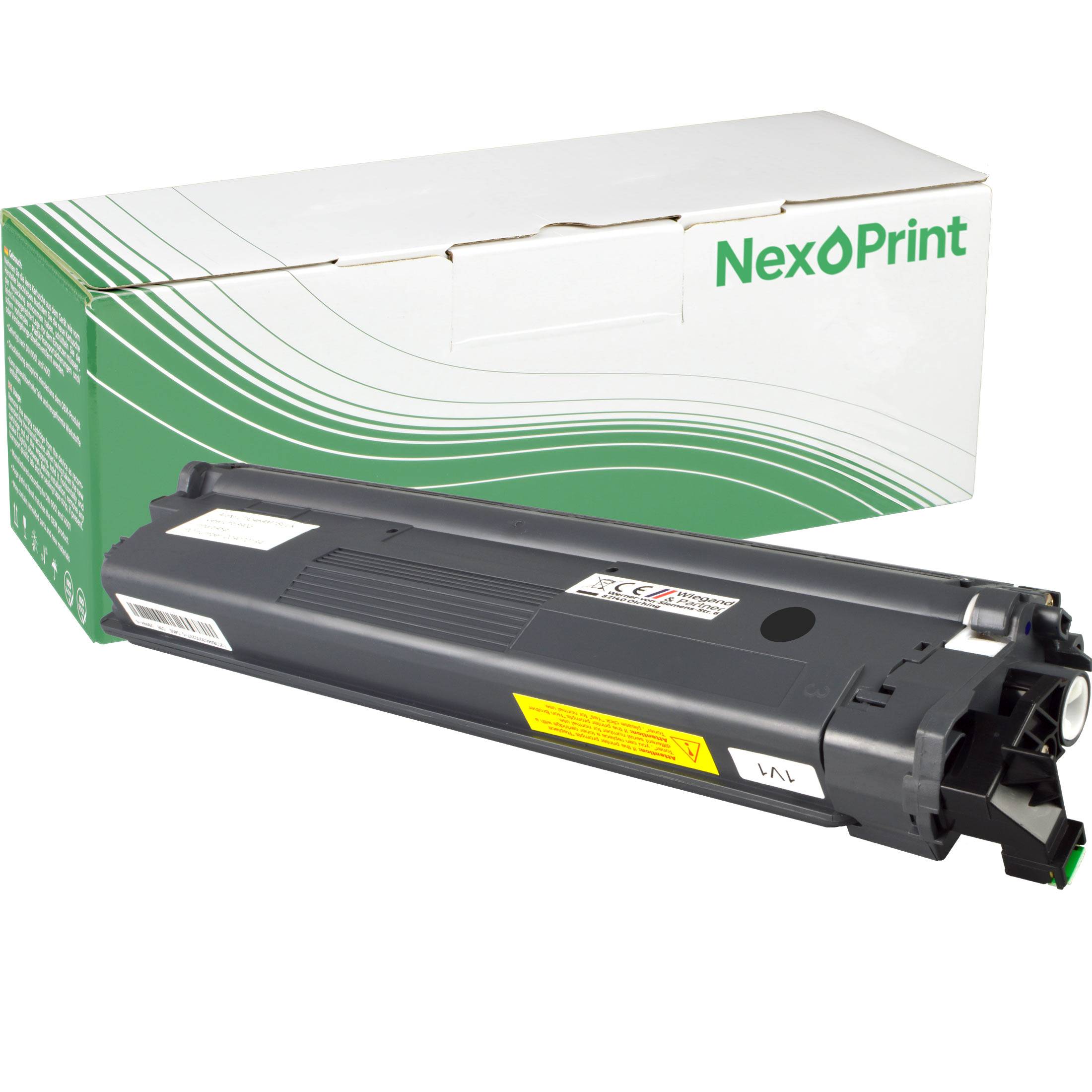 Eine schwarze Tonerkartusche, die vor einer weiß und grünen Box mit der Aufschrift 