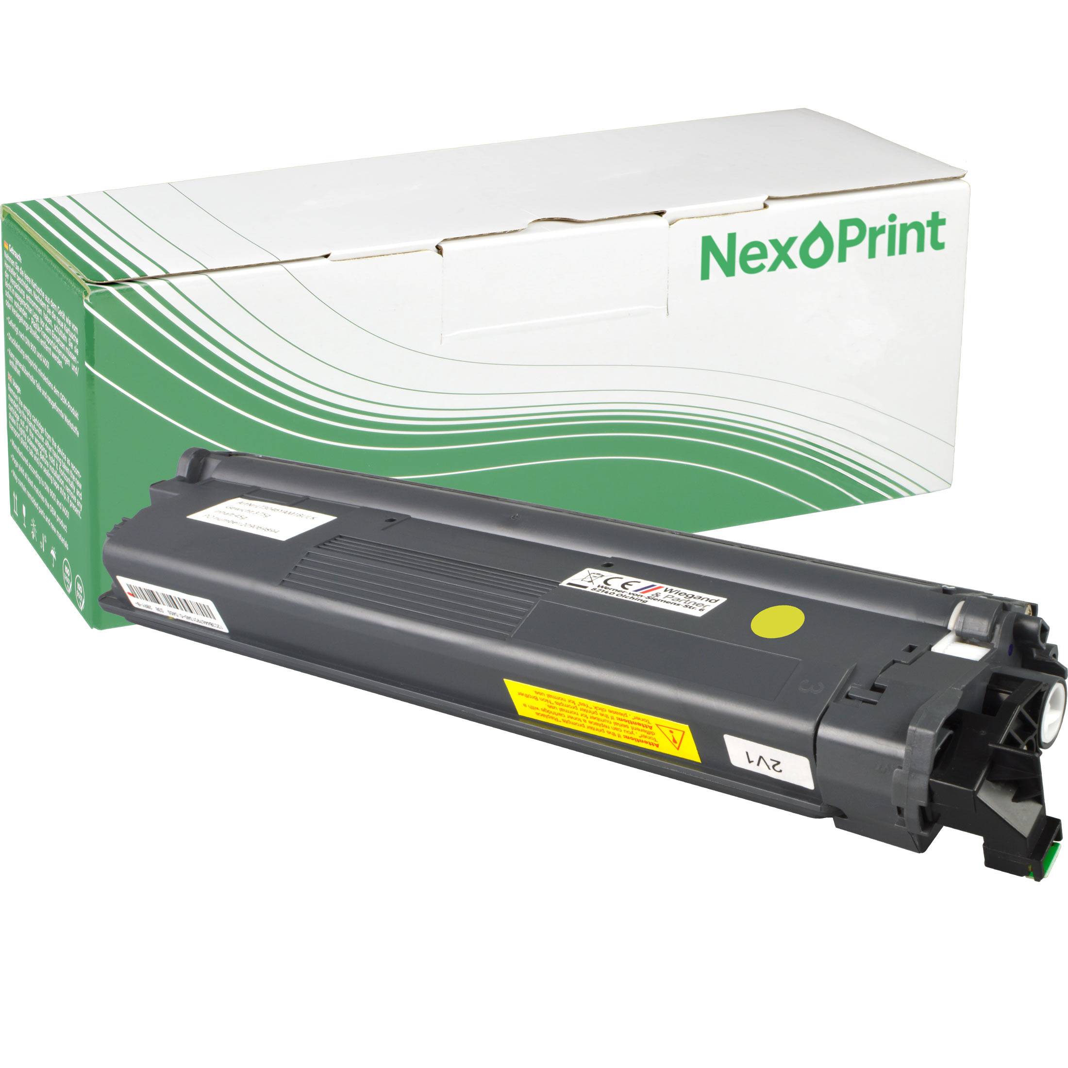 Eine schwarze Druckertonerkassette wird neben einer Schachtel mit der Aufschrift 