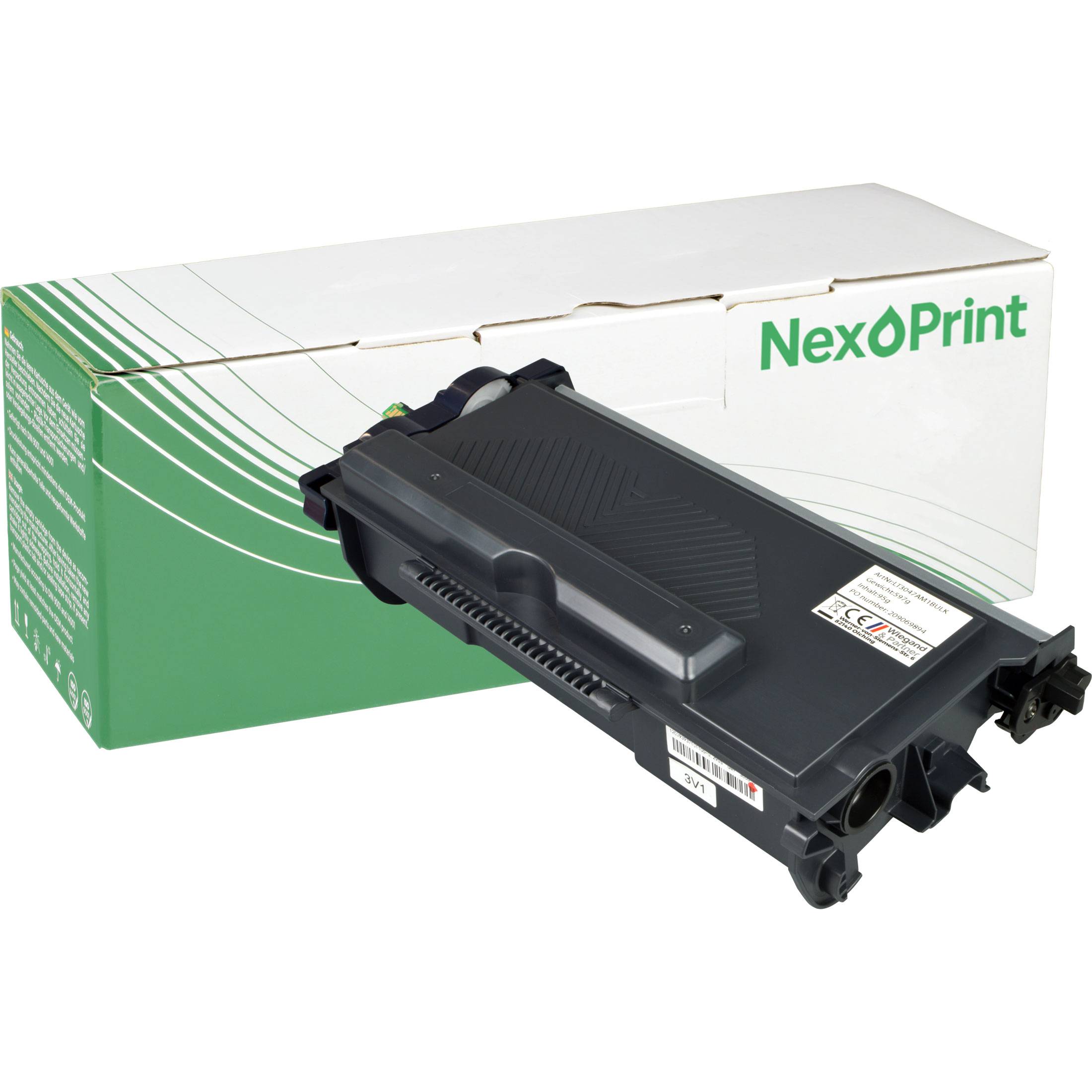 Eine schwarze Druckertonerkassette vor einer weiß-grünen NexPrint-Verpackung.