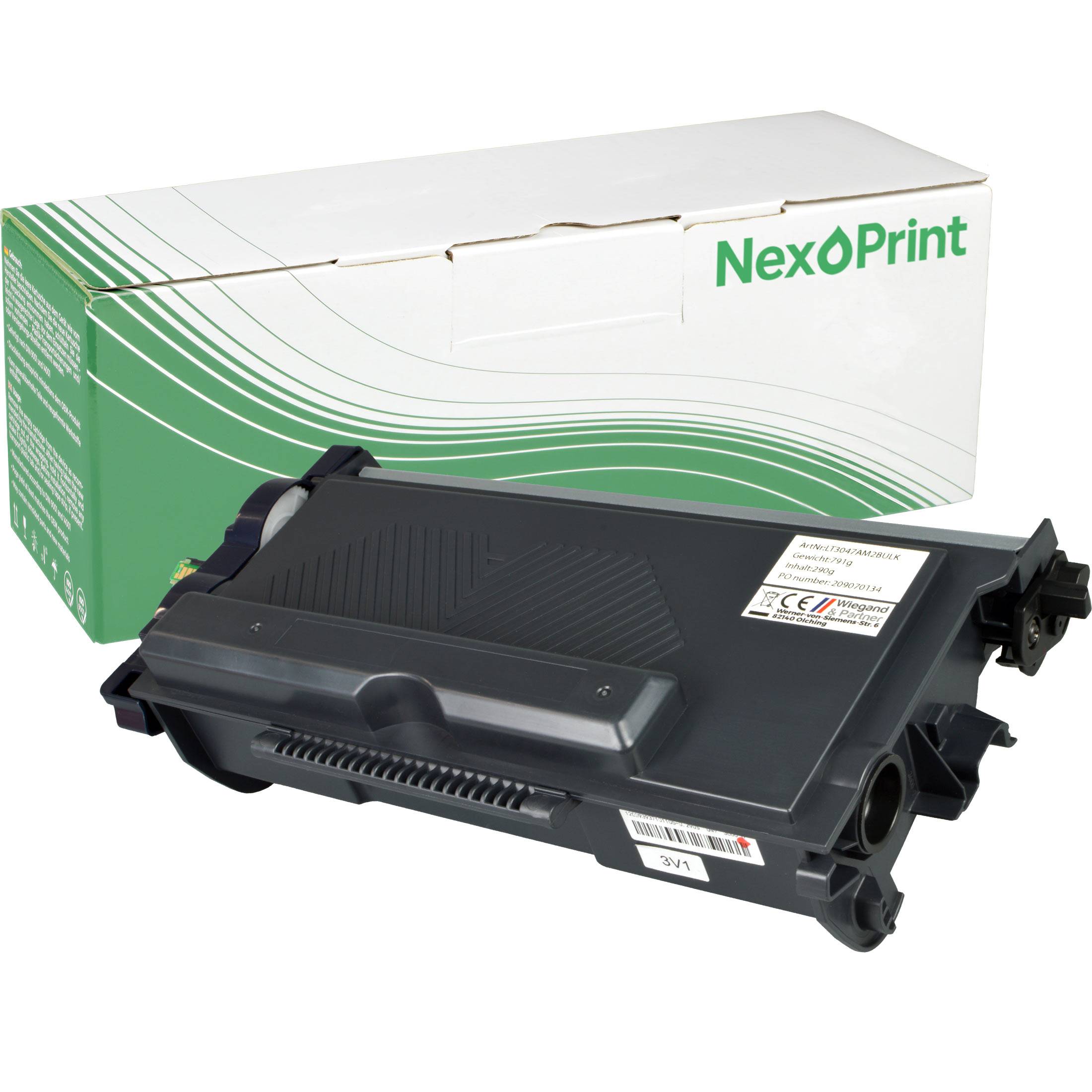 Schwarze Druckertonerkassette mit Verpackungskarton, beschriftet mit 'NexPrint'.