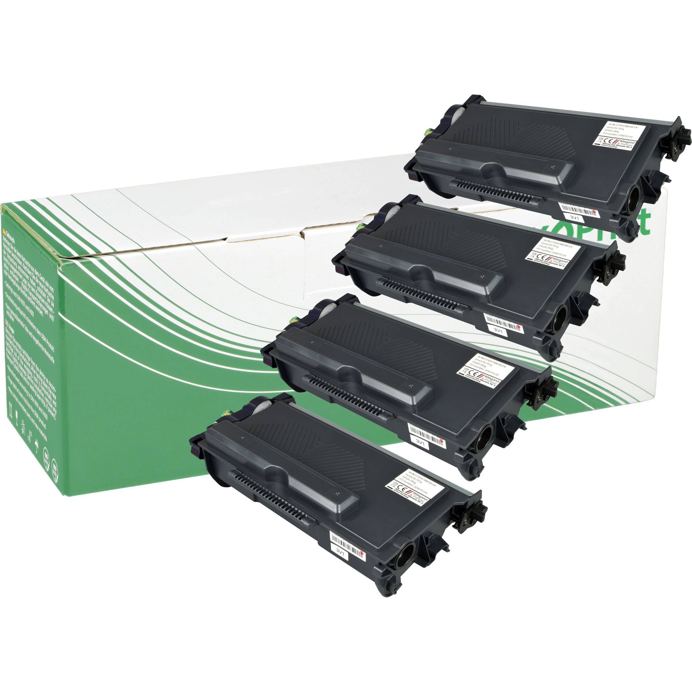 Vier schwarze Druckertoner-Kartuschen sind vor einer grün-weißen, teilweise sichtbaren Schachtel gestapelt.