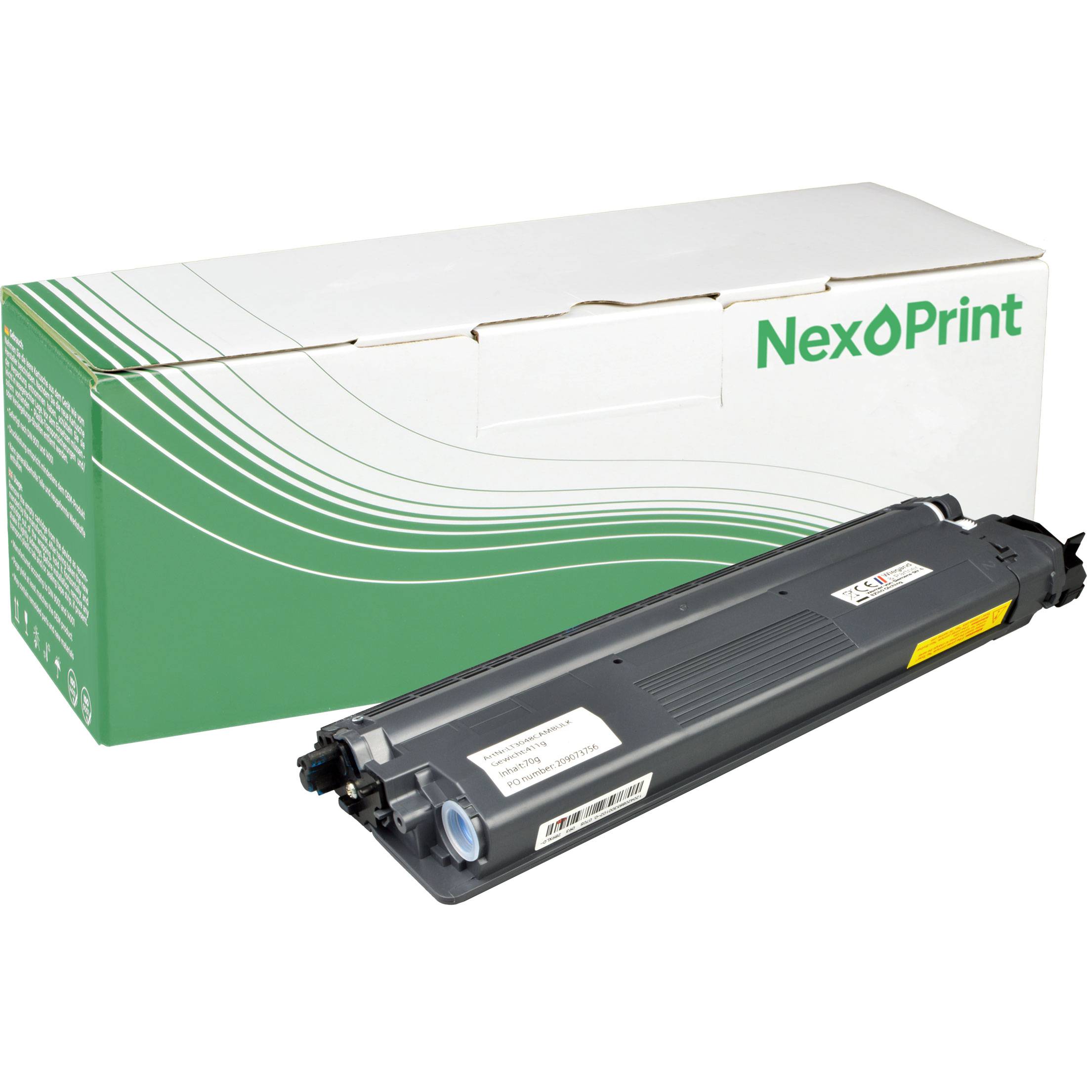 Eine grüne und weiße Verpackung einer Tonerkartusche der Marke 'NexPrint' mit dem Toner im Vordergrund, was darauf hinweist, dass sie kompatibel ist.