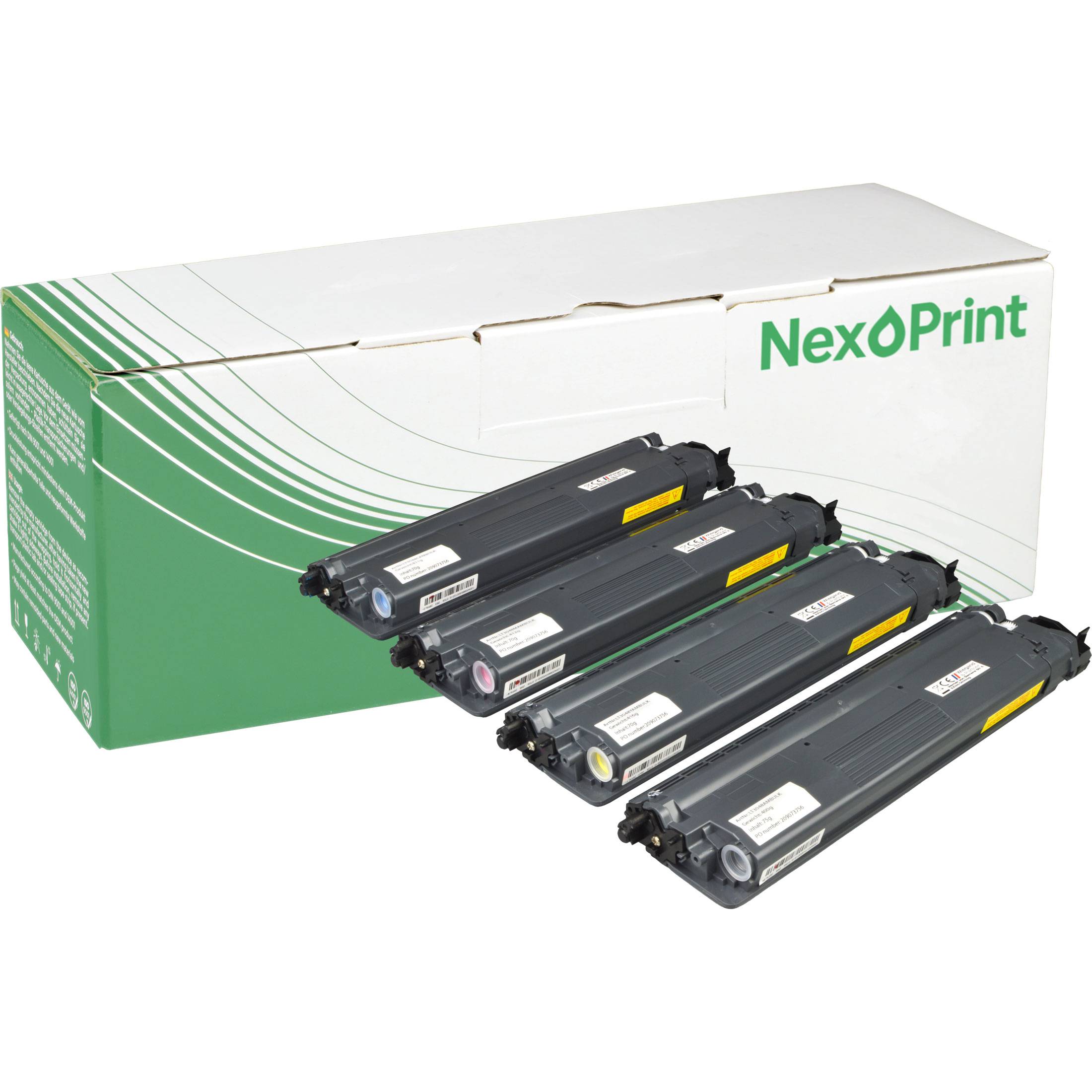 NexoPrint'-Tonerpatronen in Cyan, Magenta, Gelb und Schwarz sind vor einer Markenkiste aufgereiht.