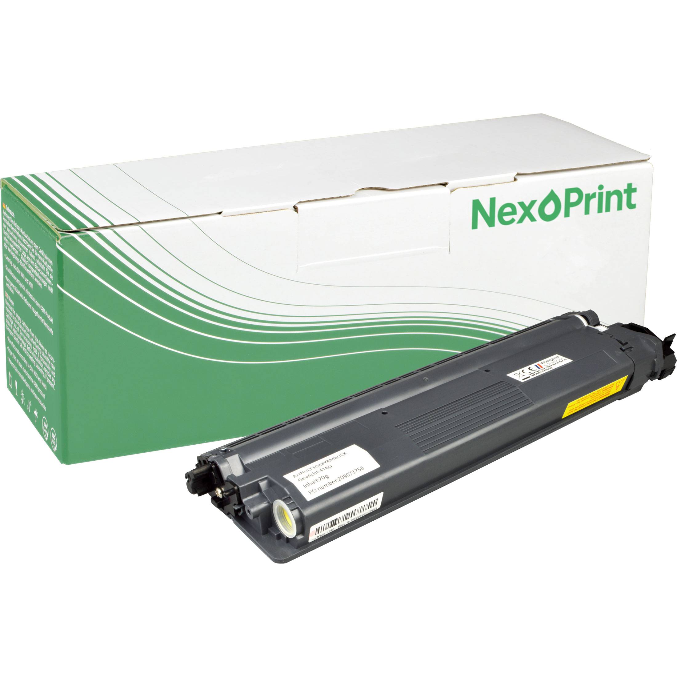 Nexoprint-Tonerkartusche mit schwarzem Gehäuse, neben einer weißen Box mit grünem Design liegend. Geeignet für Druckermodelle, die auf der Verpackung aufgeführt sind.