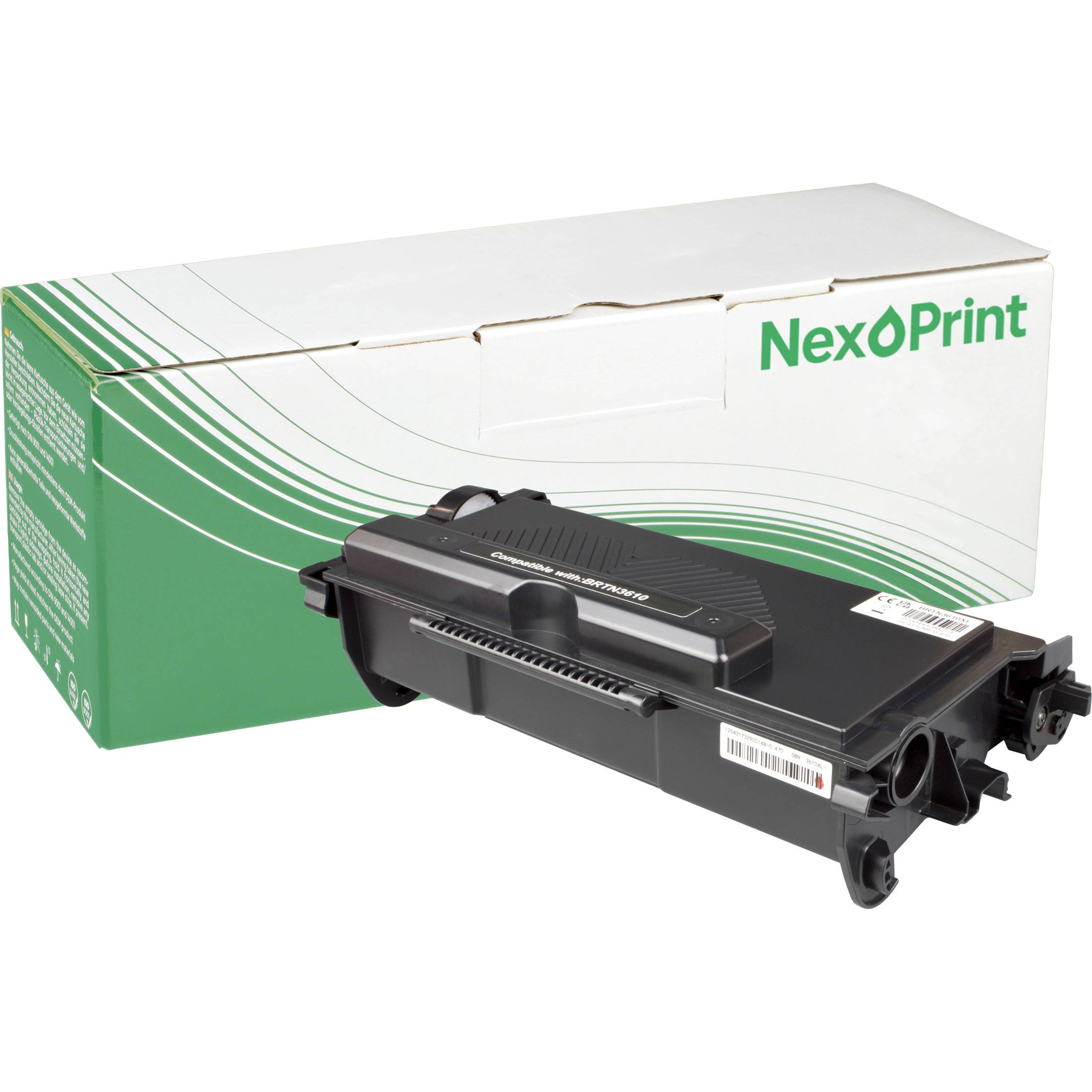 Laserdrucker-Tonerkassette mit 'NexoPrint'-Etikett, vor einer grün-weißen Schachtel mit Branding.
