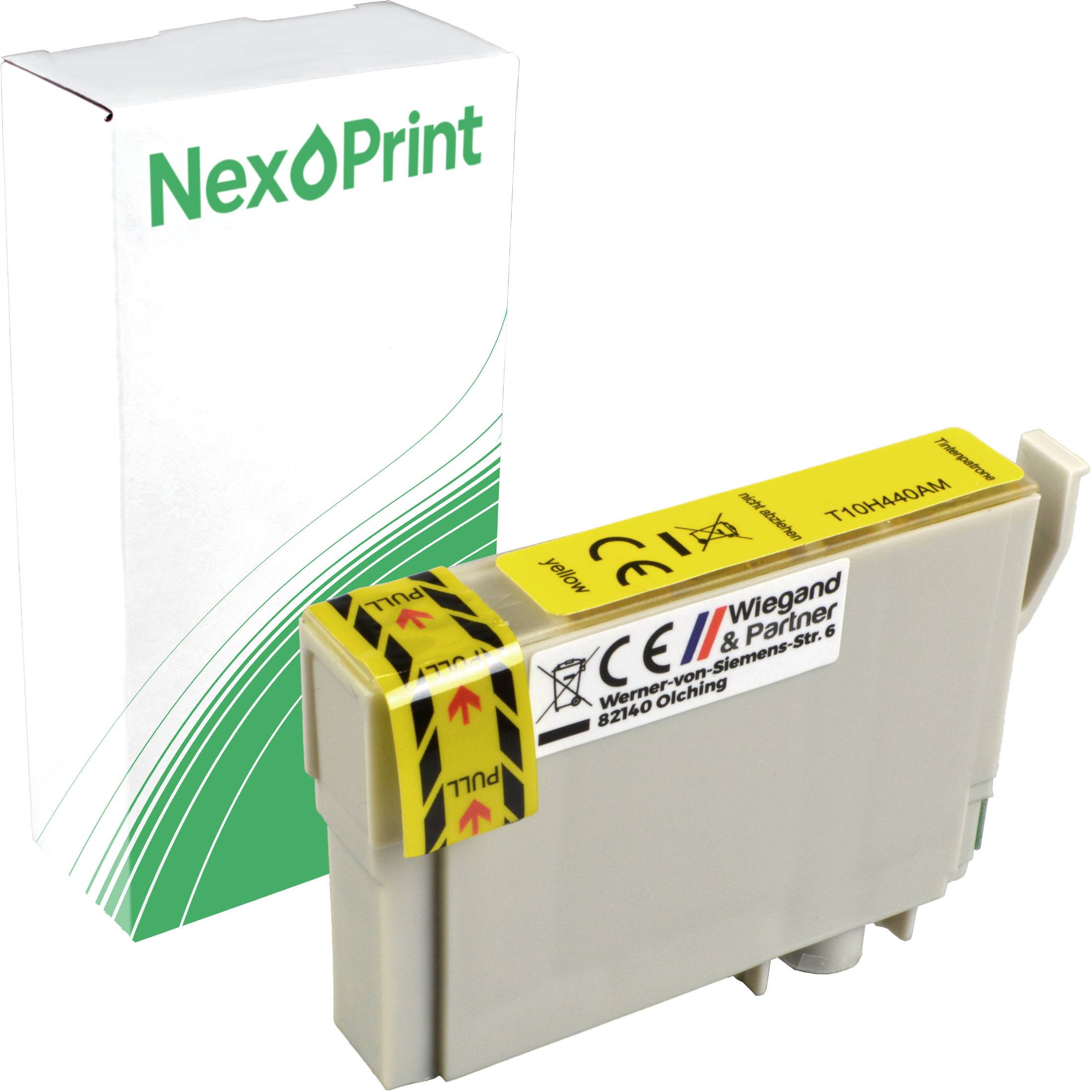 NexPrint' Tintenpatrone mit Verpackung. Die Patrone verfügt über eine CE-Kennzeichnung und Kontaktinformationen für Wiegand & Partner, was die Kompatibilität anzeigt.