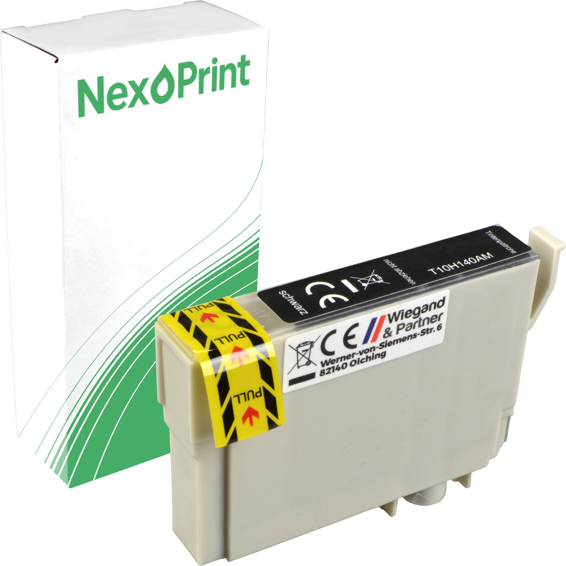 Tintenpatrone neben einer Verpackungsbox der Marke 'NexoPrint', mit Konformitätssymbolen und einem gelben Zuglasche für einfache Handhabung.
