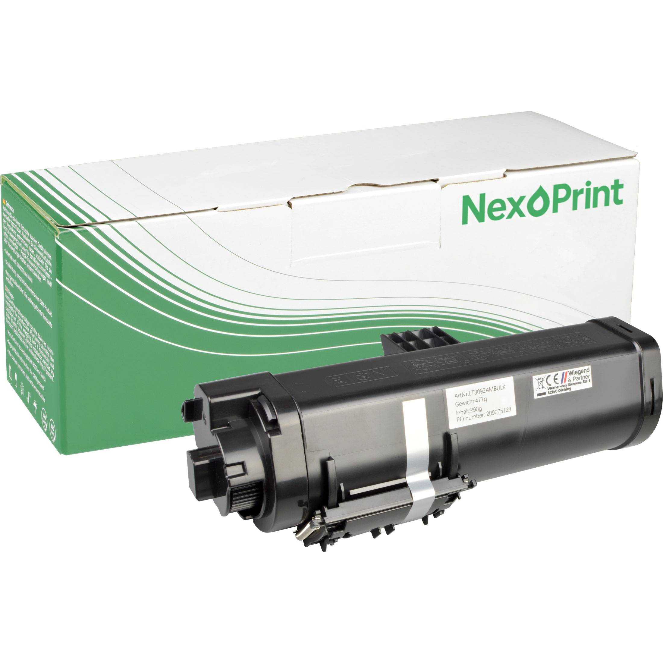 Schwarze Tonerkartusche mit Verpackungskarton, der auf weißem Hintergrund mit NexOPrint beschriftet ist. Entwickelt für Laserdrucker.