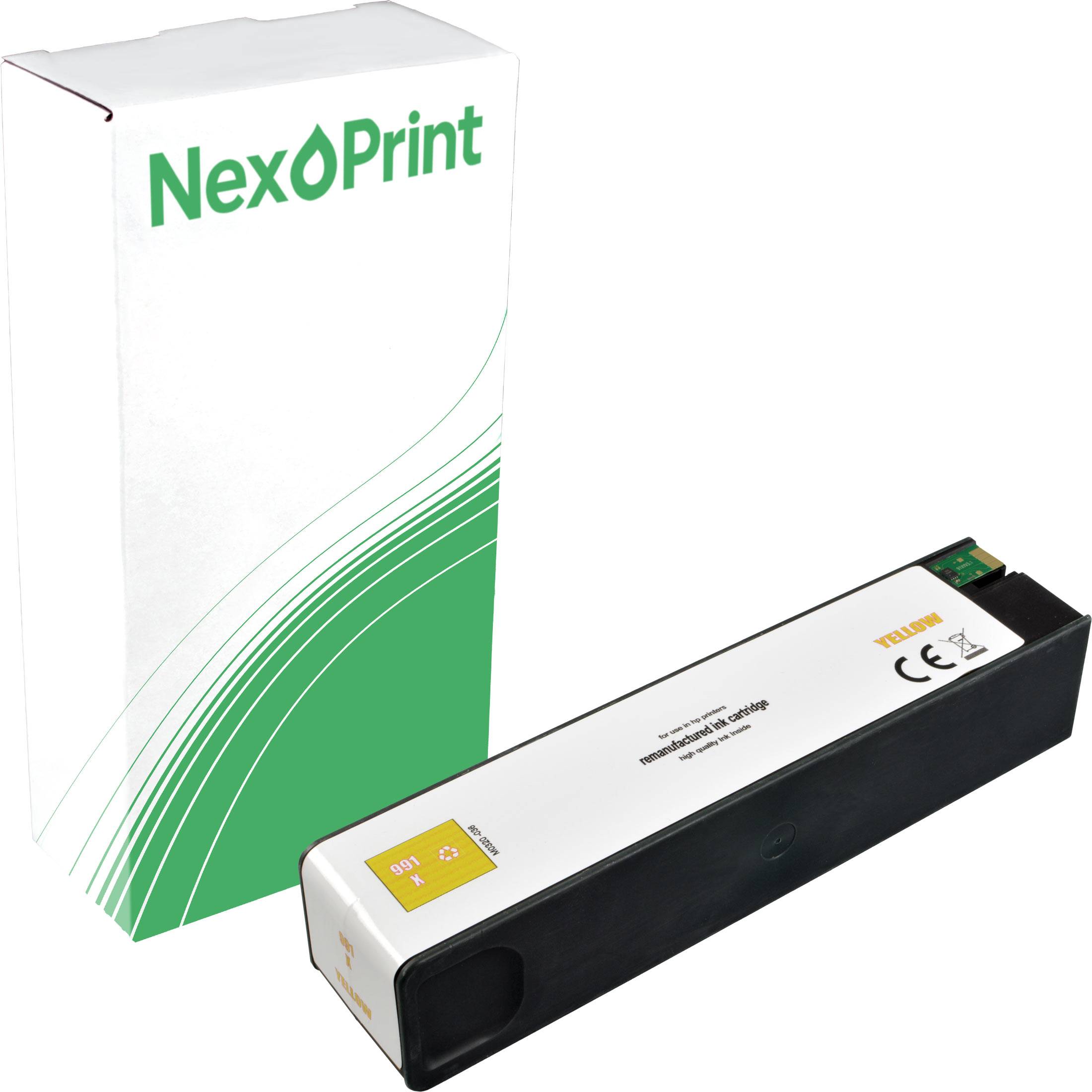 Eine NexPrint-Tintenpatrone und ihre Verpackung, wobei die Schachtel weiß mit grünem Design und dem 'NexPrint' Logo ist. Die Patrone ist mit 'Gelb' beschriftet und trägt die CE-Kennzeichnung.