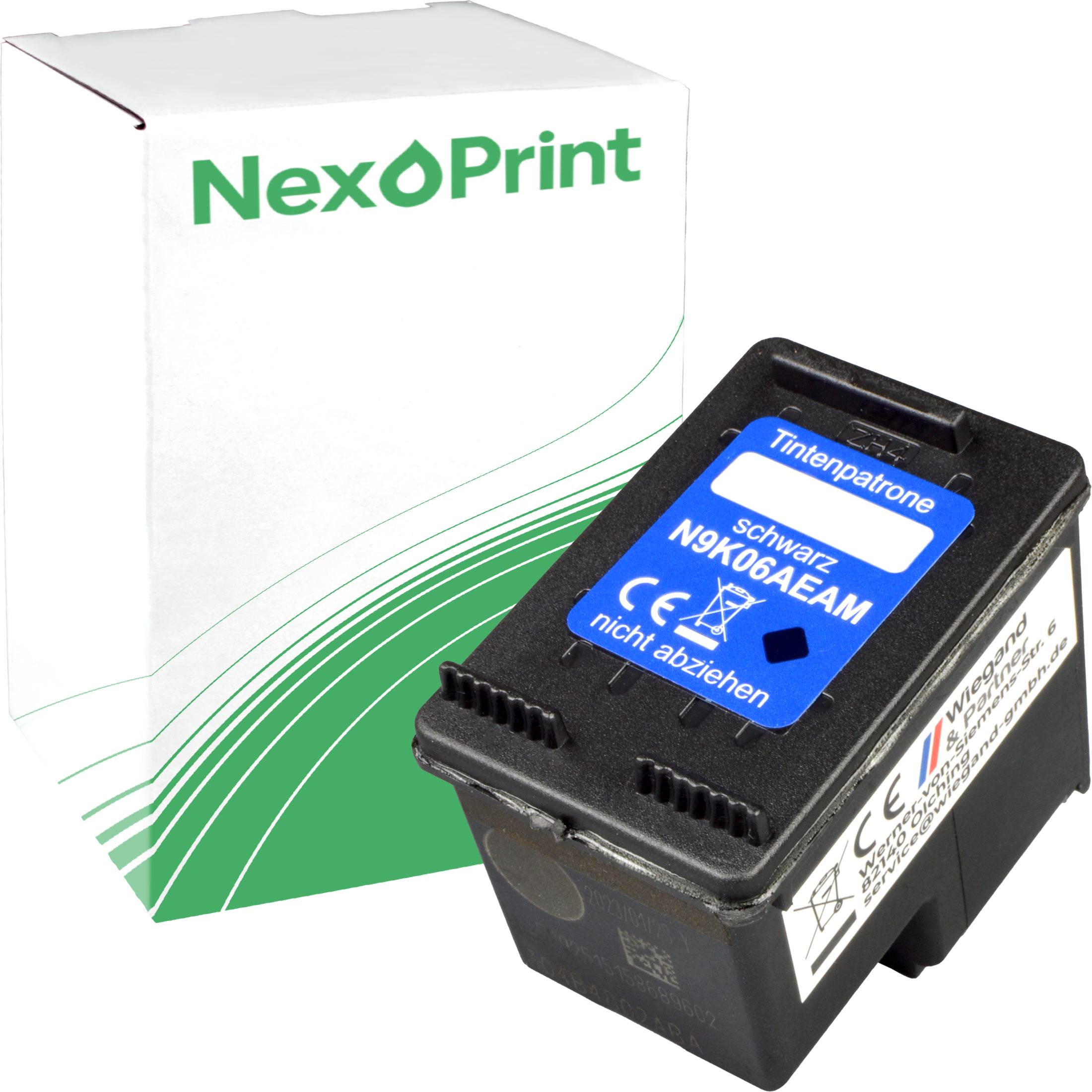 Schwarze Tintenpatrone mit der Bezeichnung 'N9K06AE' mit CE- und Recycling-Symbolen neben einer Box der Marke NexoPrint.