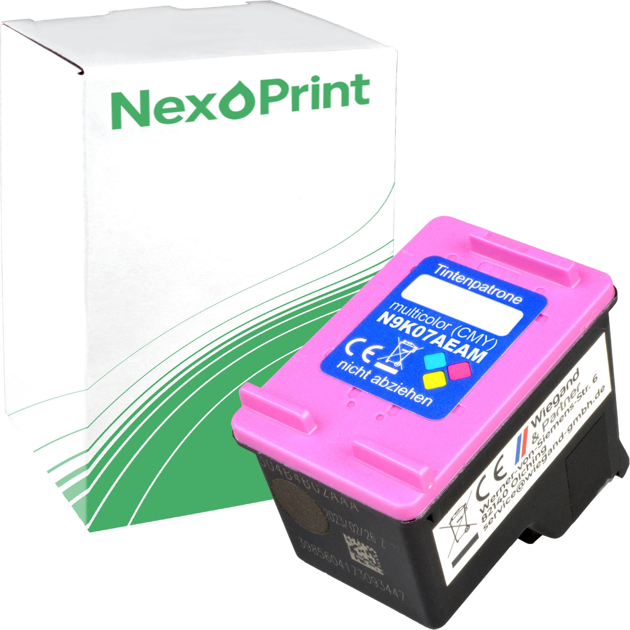 NexoPrint Mehrfarbige (CMY) Tintenpatrone mit Verpackung. Zeigt Produktmarke und Teilenummer N9K07AEAM für Druckerzwecke.