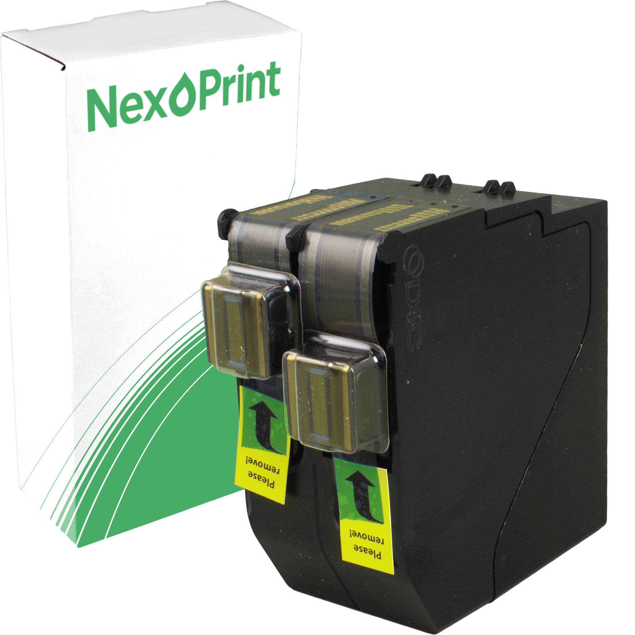 „Bild einer NexPrint Druckerpatrone mit Verpackung und zwei Tintenpatronen, die kompatibles Verpackungs- und Druckerzubehör zeigen.