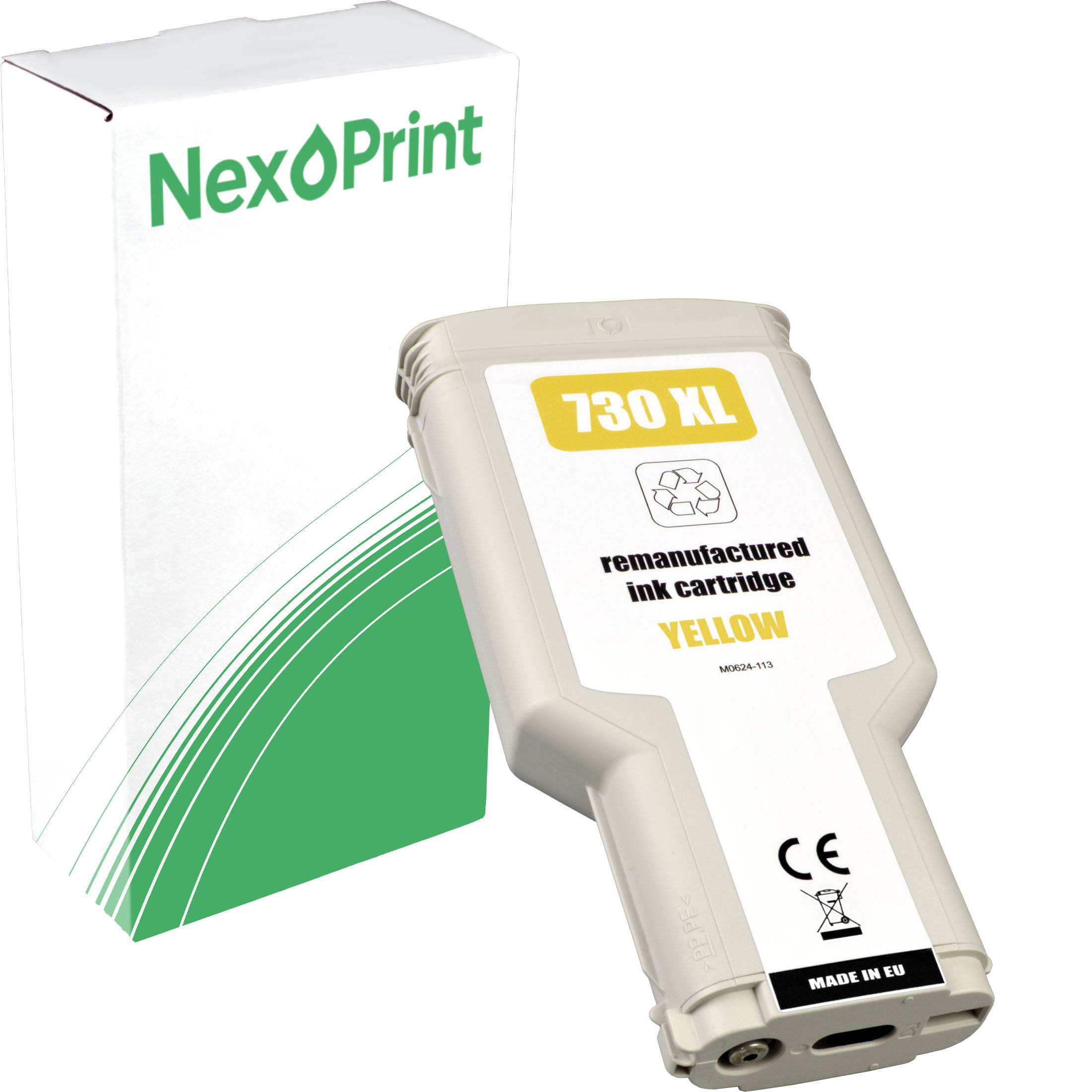 Eine gelbe wiederverwertete Tintenpatrone mit der Beschriftung '730 XL', deren Verpackung die Marke 'NexPrint' mit einem grünen Design zeigt.