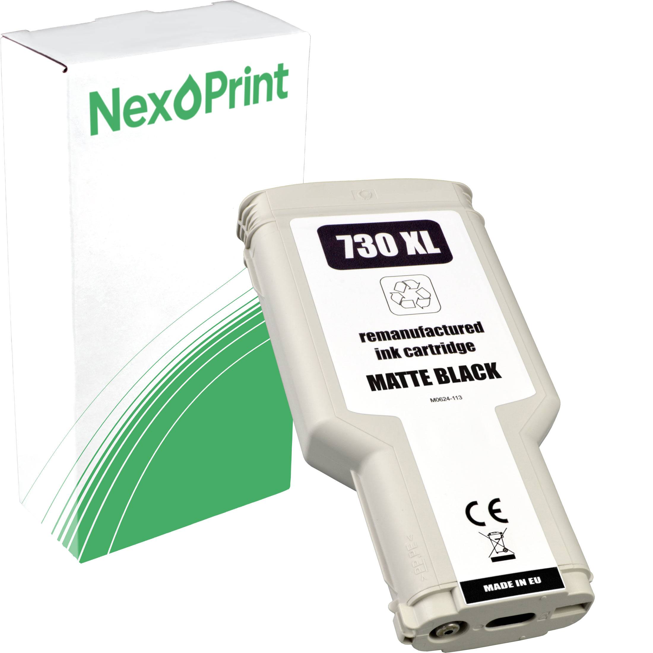 NexoPrint wiederaufbereitete Tintenpatrone 730 XL mattschwarz' Patrone und Verpackung dargestellt, mit Betonung der Produktmarke und des Typs.