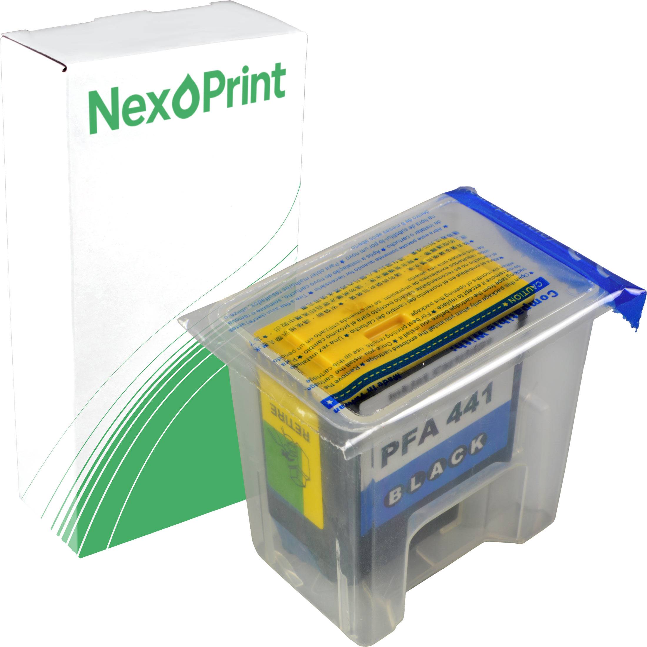 Tintenpatrone mit der Bezeichnung 'PFA 441 Schwarz' in transparenter Verpackung, neben einer weißen Schachtel mit grünem Text 'NexPrint'.