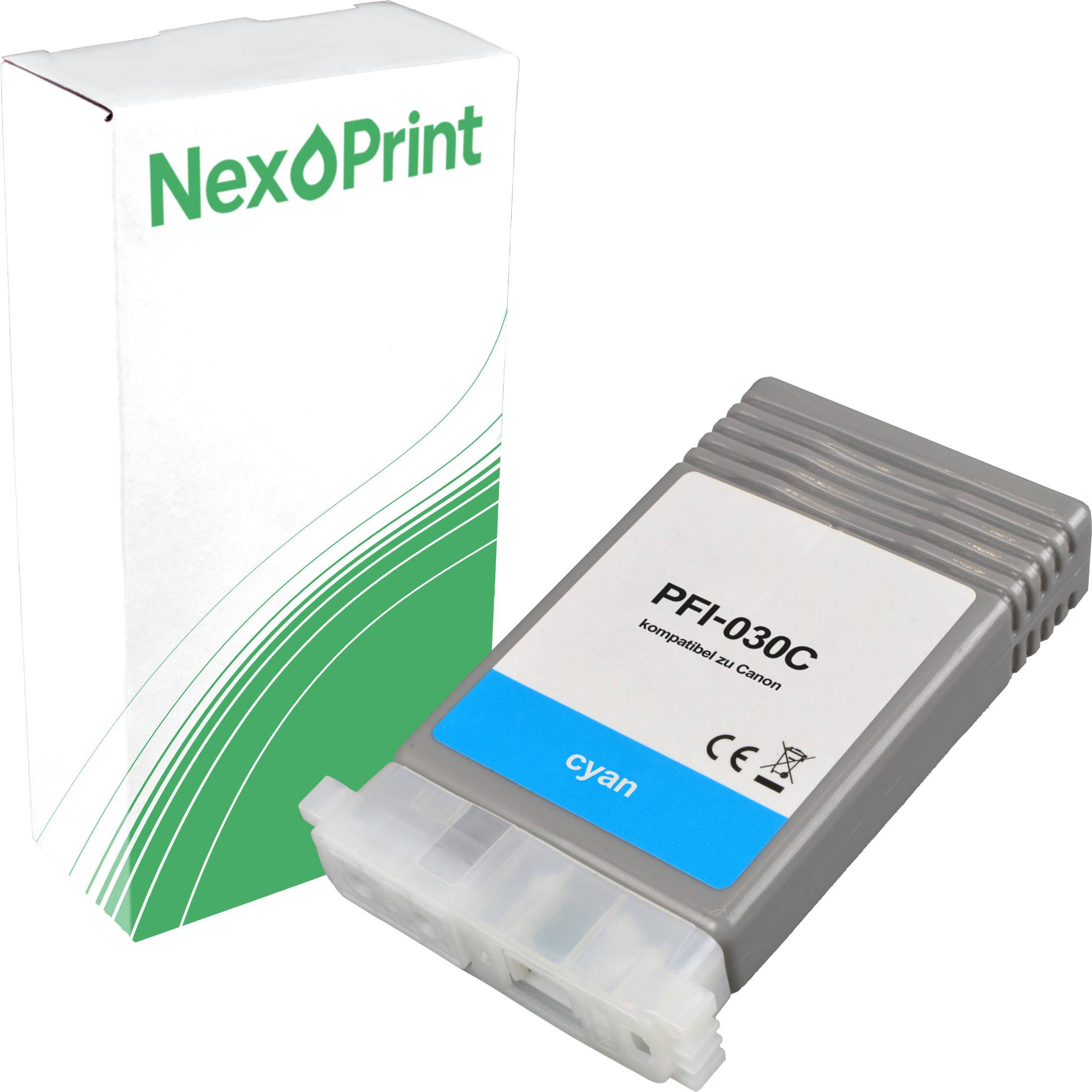 Eine cyan farbene PFI-030C Tintenpatrone mit der Bezeichnung „NexoPrint