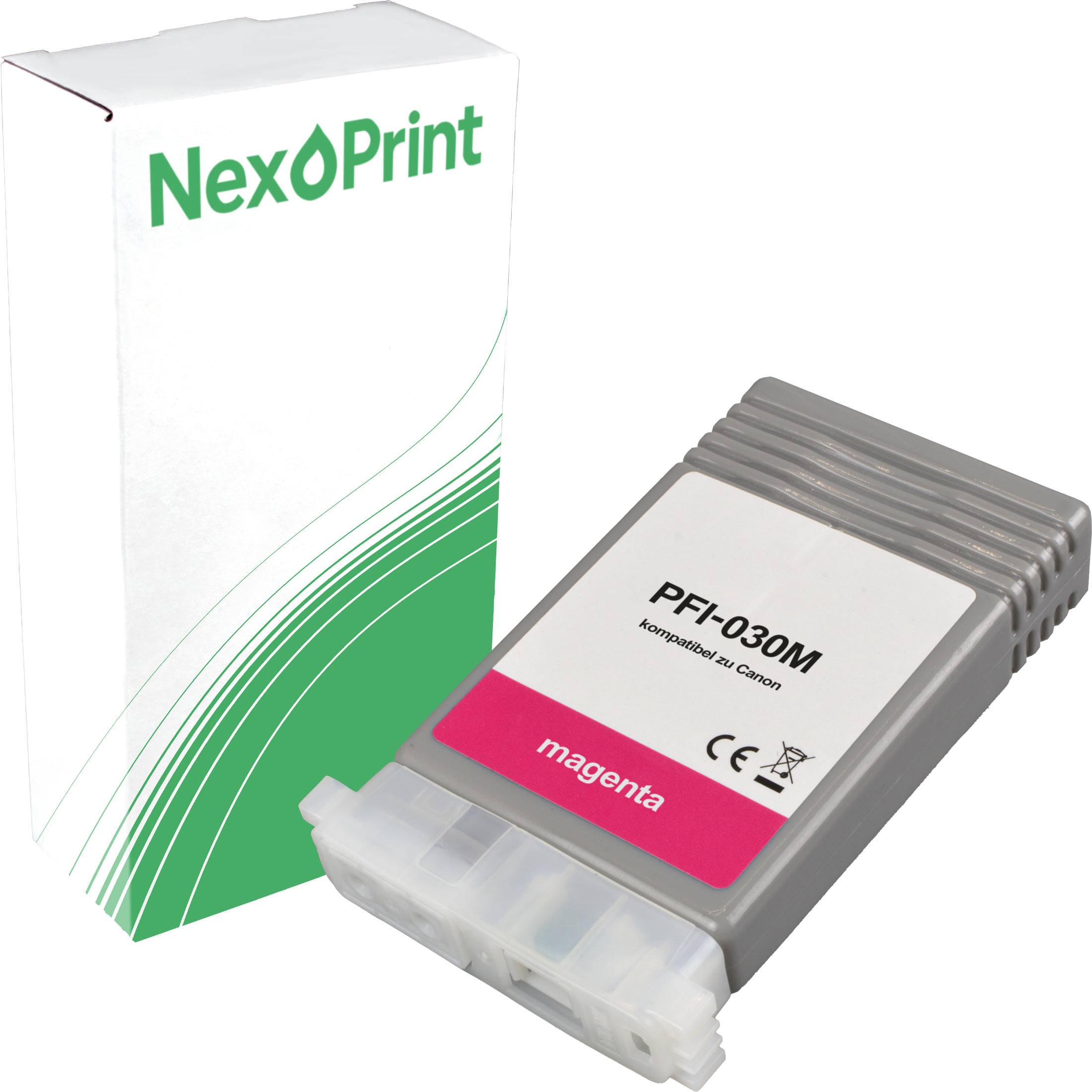 Tintenpatronenverpackung mit der Bezeichnung 'NexPrint', daneben eine Patrone mit der Aufschrift 'PFI-030M magenta'. Die Verpackung und Patrone deuten auf die Verwendung für einen Drucker hin.