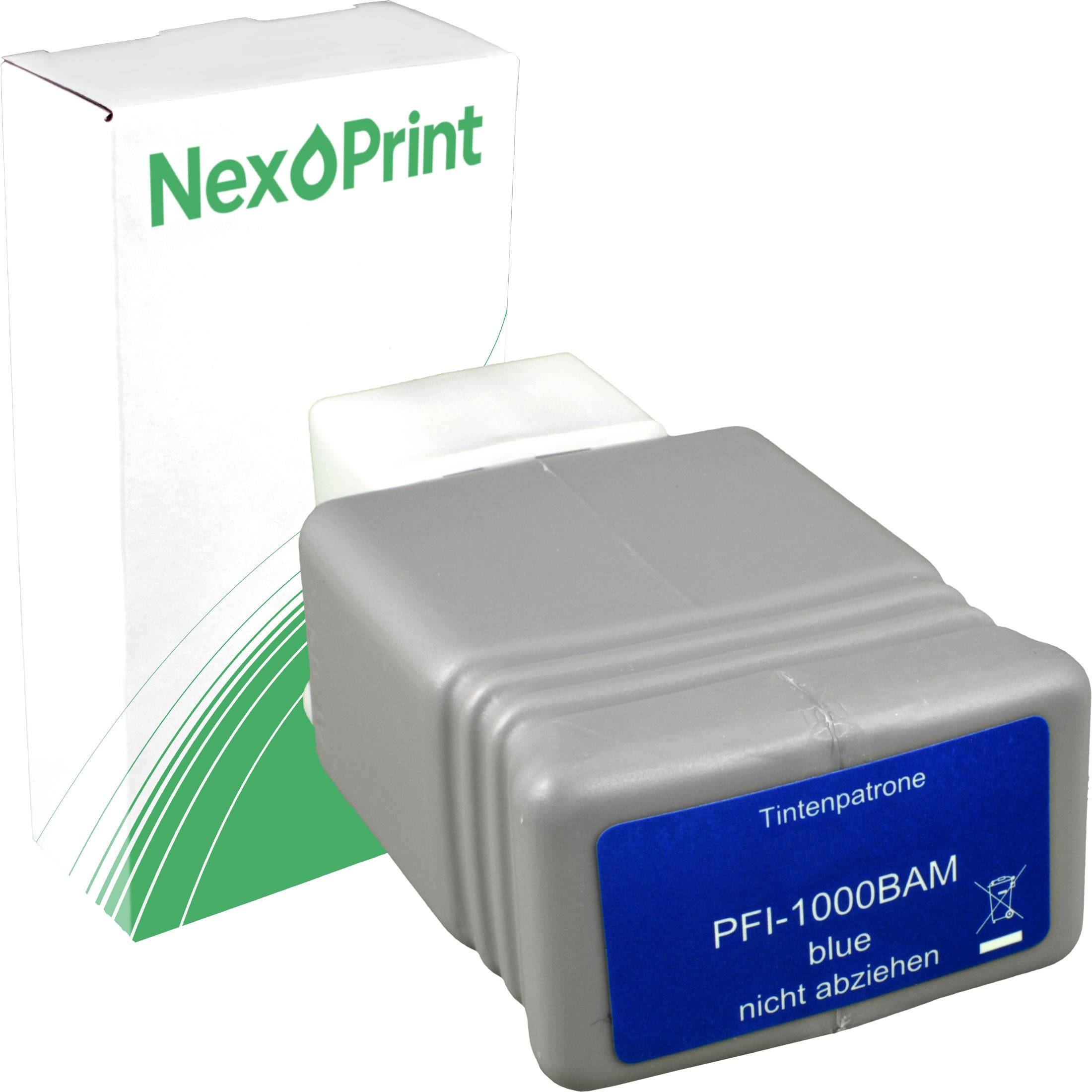 Verpackung einer 'NexPrint' Marken Blautuschpatrone mit der Bezeichnung 'PFI-1000BAM'.