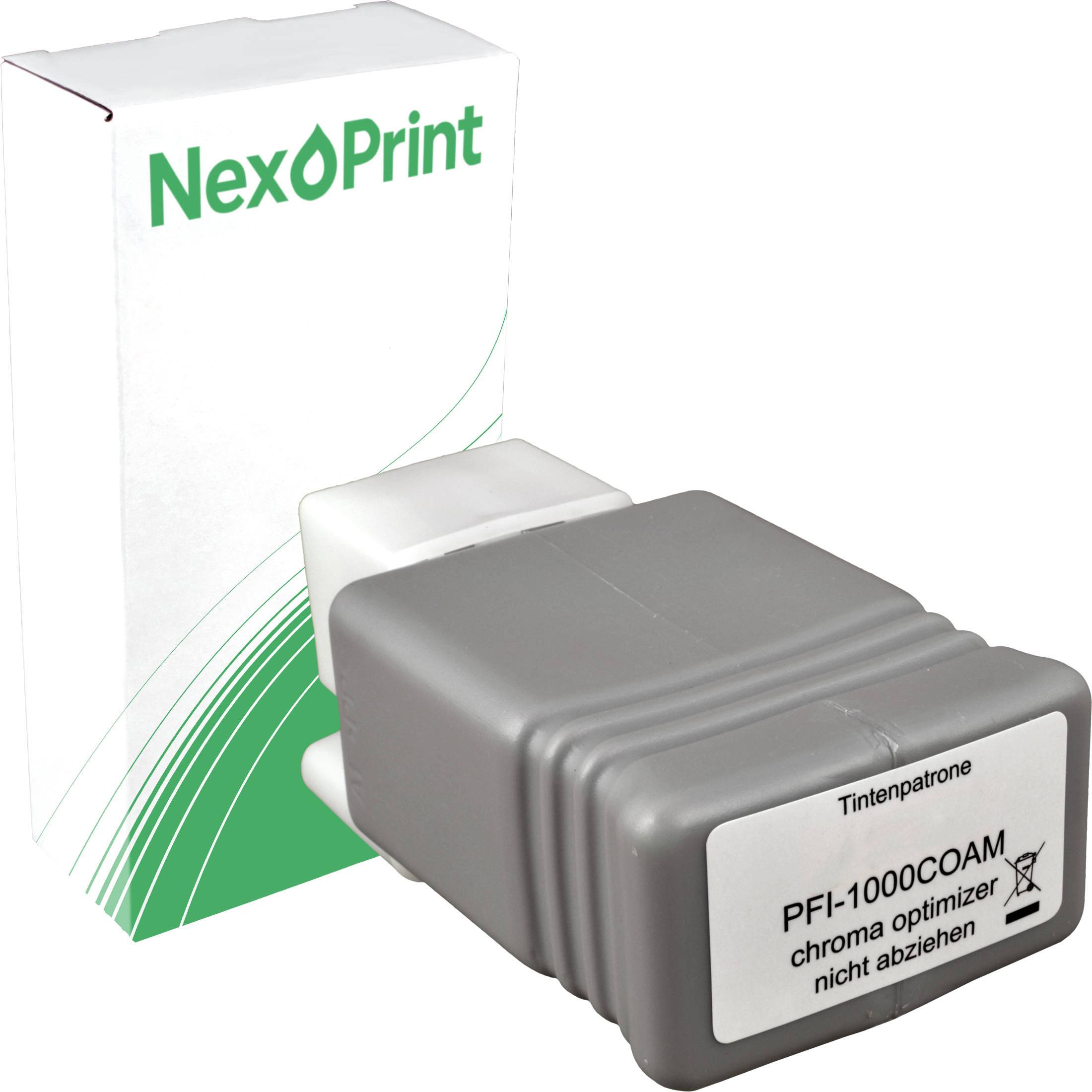 NexPrint Tintenpatrone, Modell PFI-1000COAM, Chroma Optimizer. Nicht entfernen.' Die Patrone ist grau mit einer grün-weißen Schachtel.