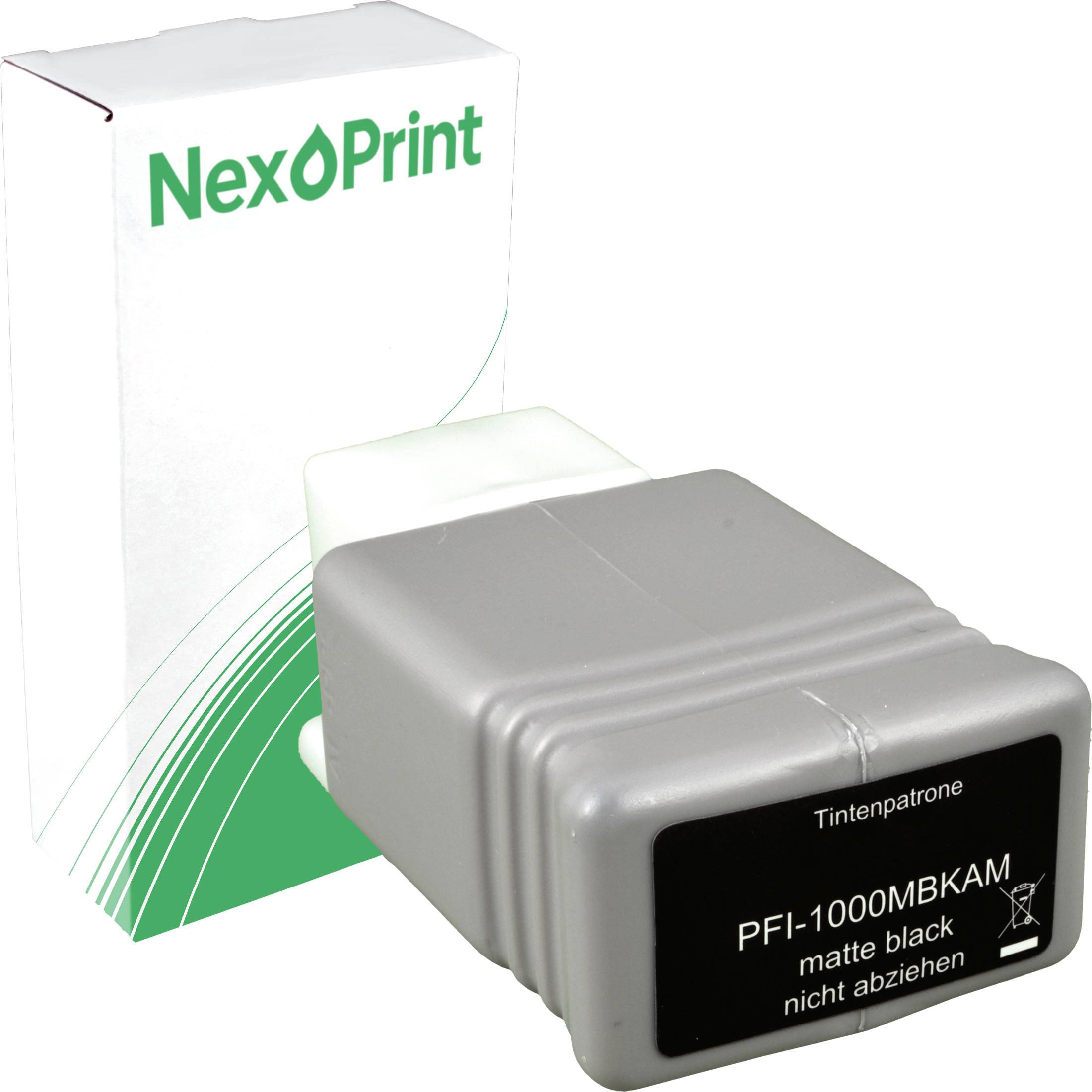 „Tintenpatrone mit der Bezeichnung PFI-1000MBKAM, matteschwarz, mit NexPrint-Verpackung im Hintergrund.