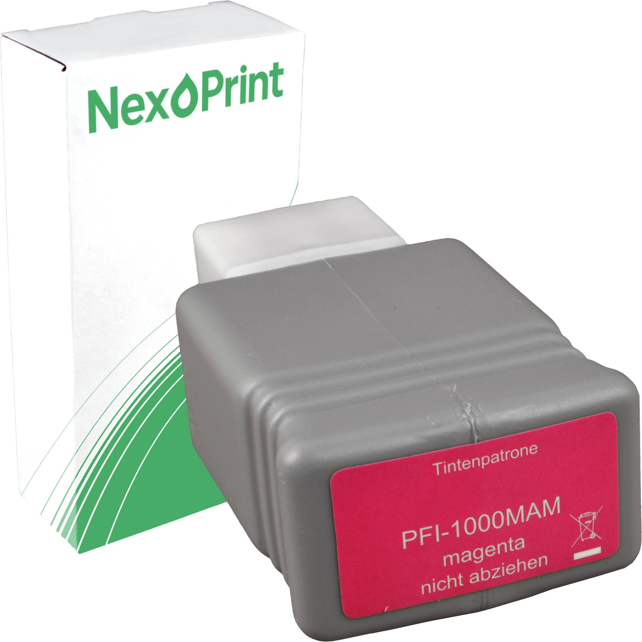 „Magentadruckkopfpatrone mit Etikett: PFI-1000MAM, Tintenpatrone, nicht abziehen. NexPrint-Verpackung im Hintergrund.