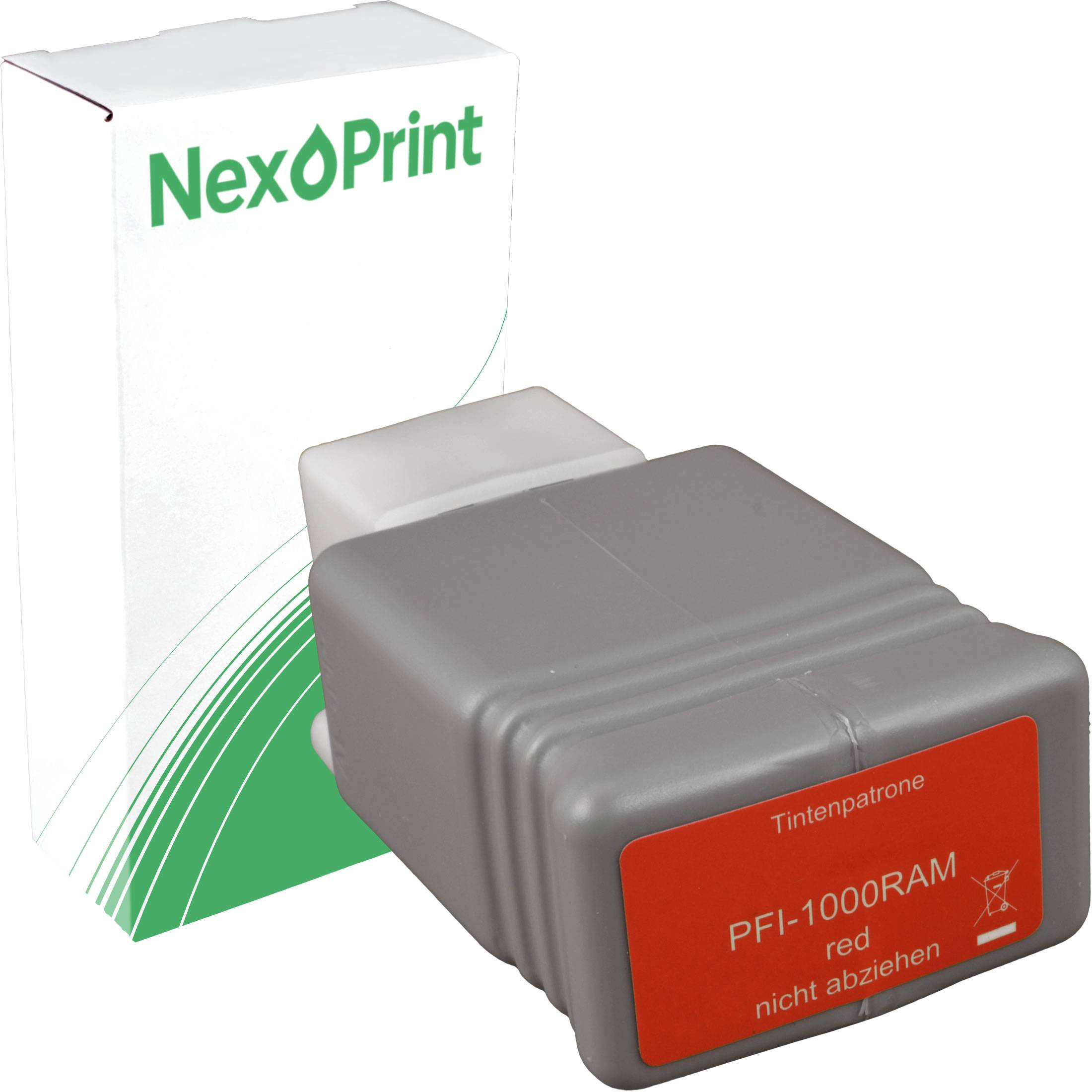 Großer rechteckiger Tintenpatrone mit der Bezeichnung 'PFI-1000RAM rot nicht abziehen', positioniert vor einer NexPrint-Verpackungsbox.